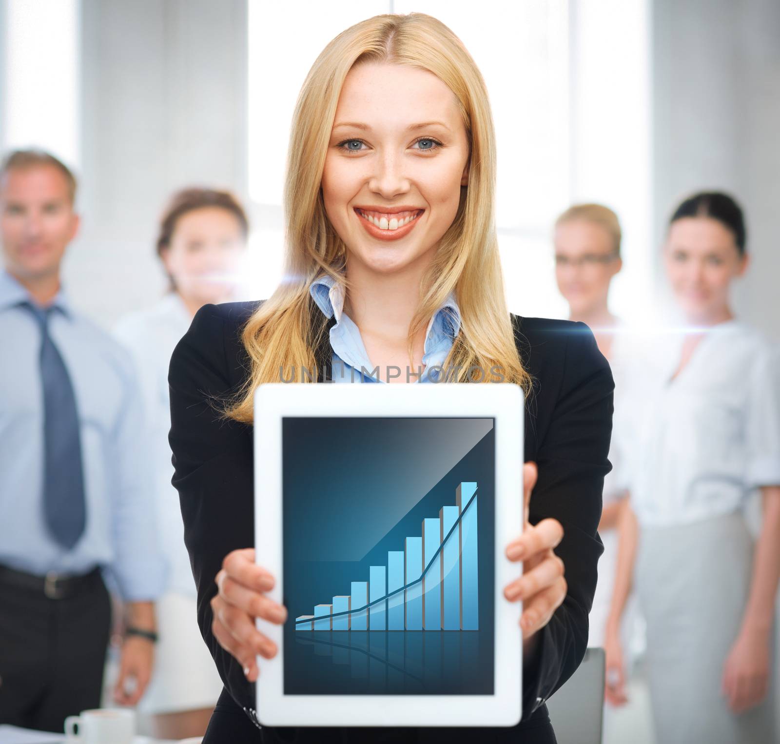 business and technology concept - businesswoman showing tablet pc with graph