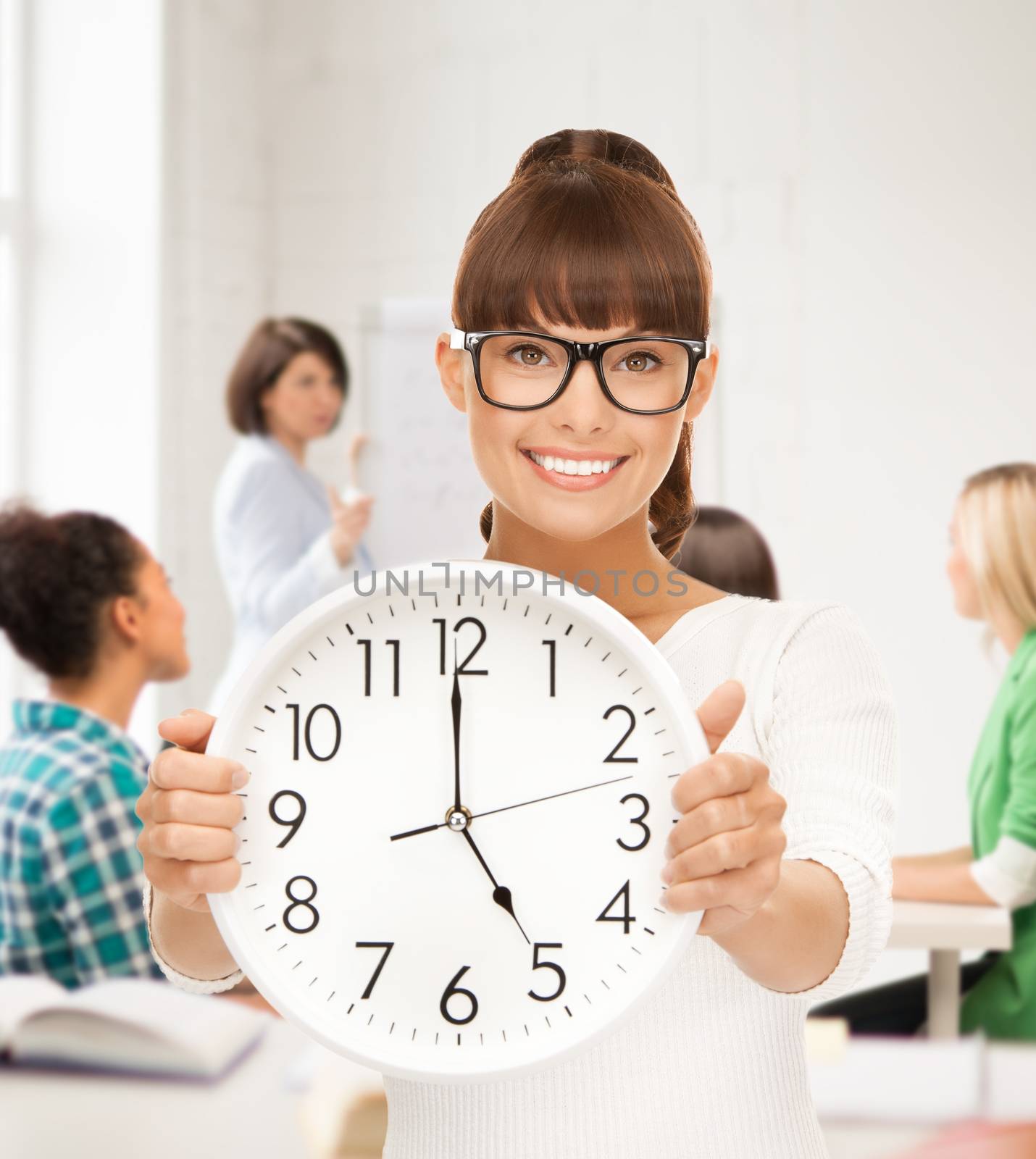 education and time management concept - attractive student showing clock