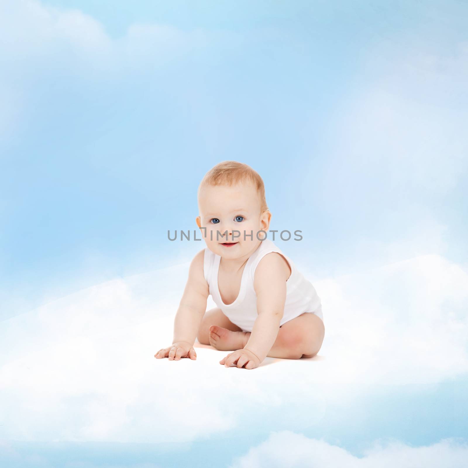 smiling baby sitting on the cloud by dolgachov