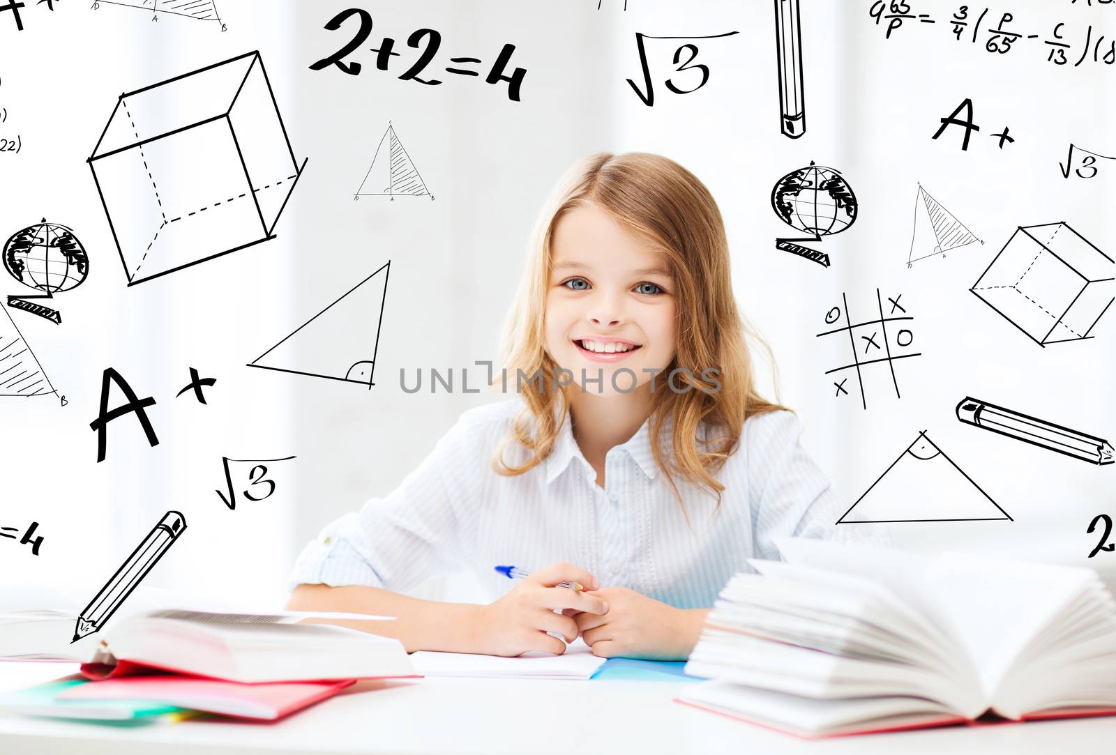 education and school concept - little student girl studying at school