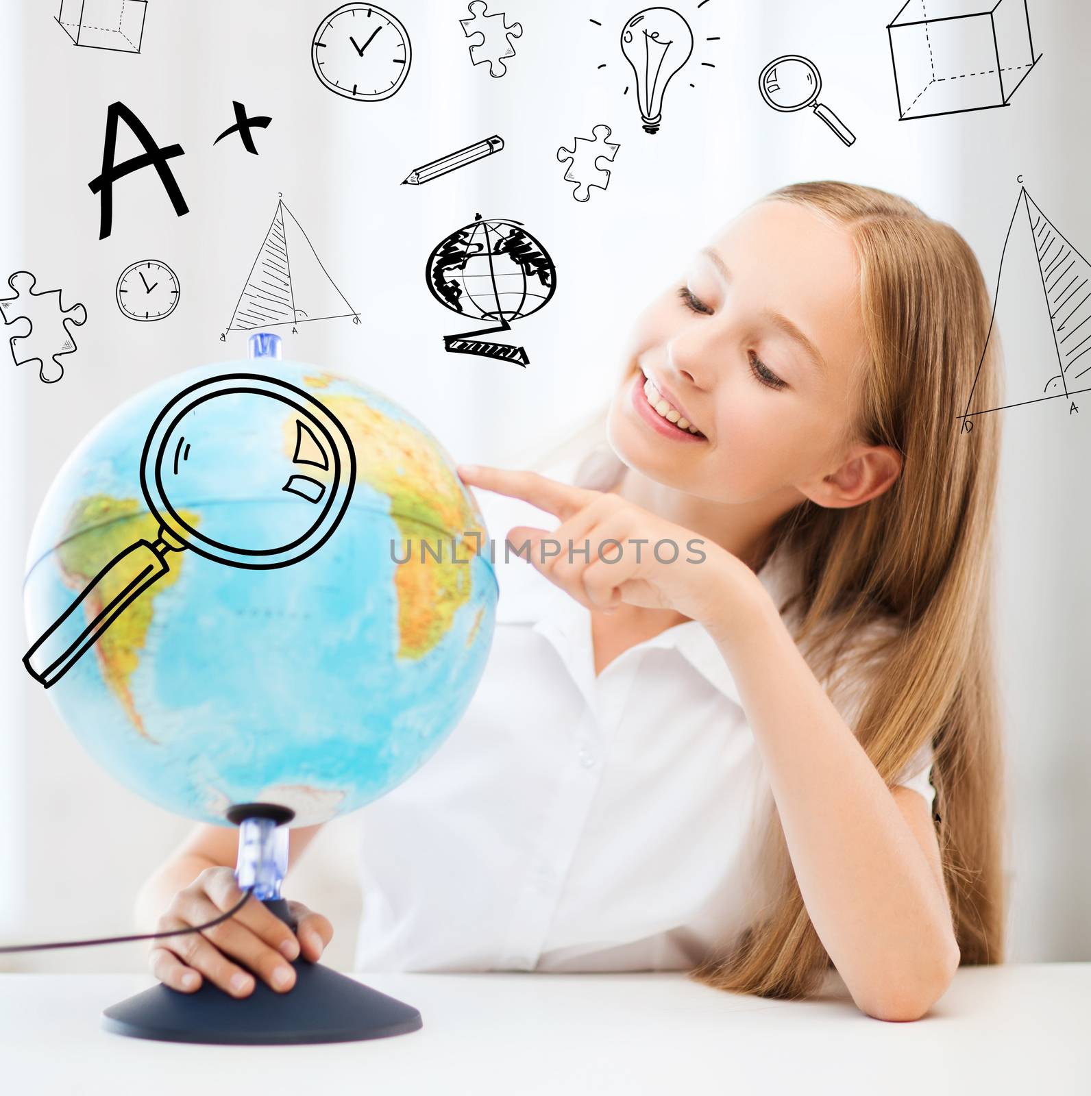 education and school concept - little student girl with globe at school