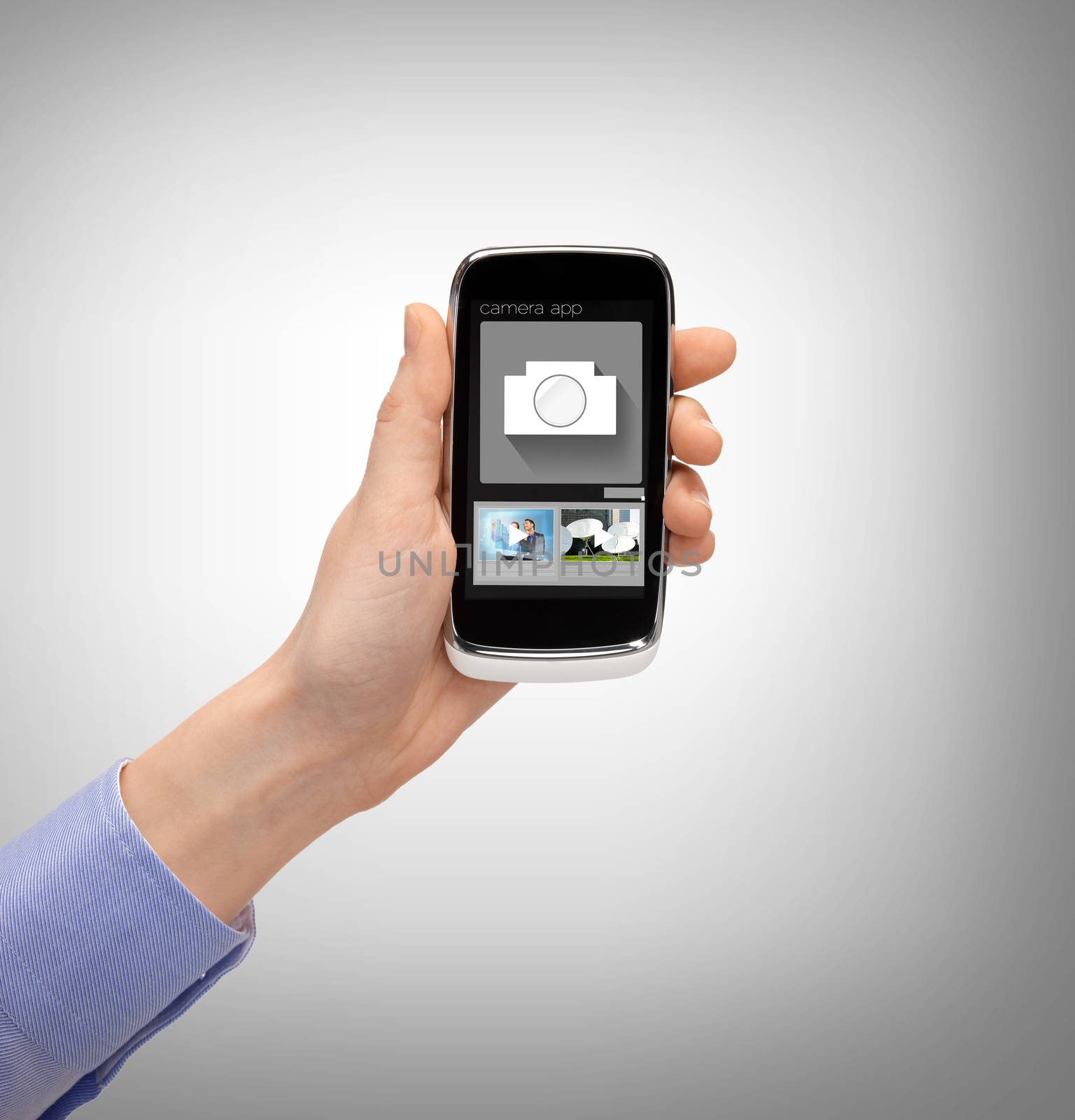 hand with smartphone showing application by dolgachov