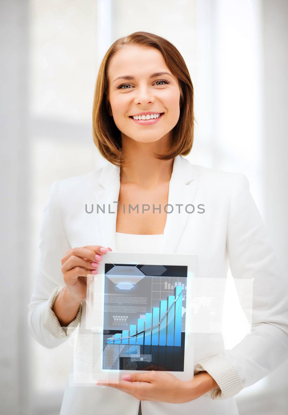 business and technology concept - businesswoman showing tablet pc with graph