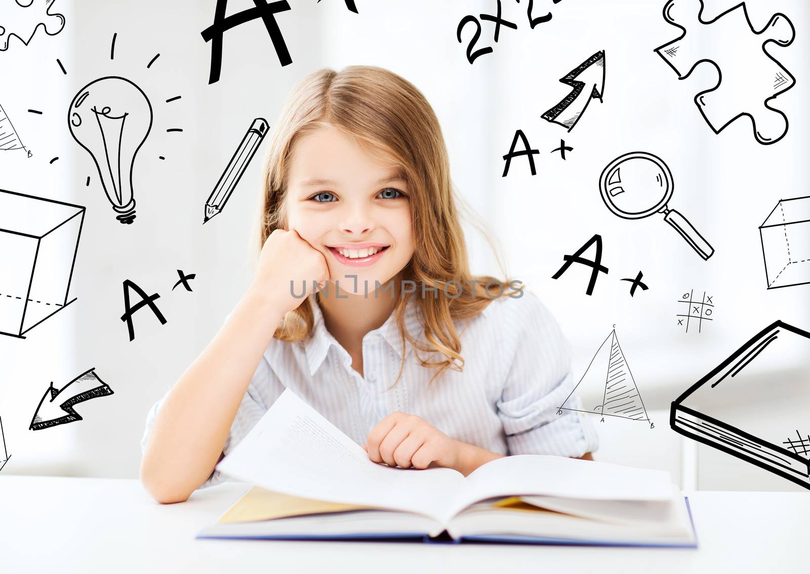 education and school concept - little student girl studying at school