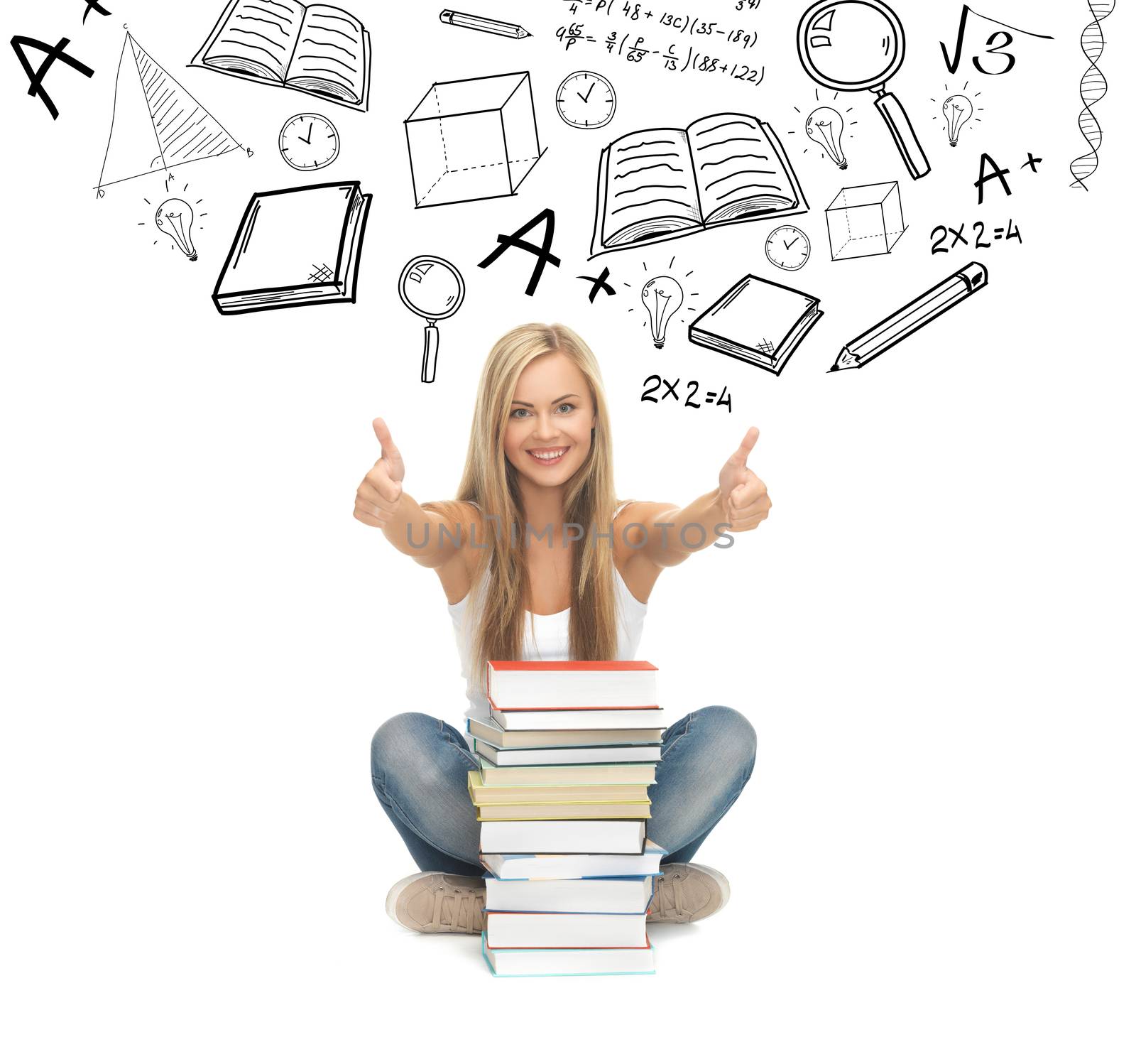 education and school concept - picture of smiling student with stack of books