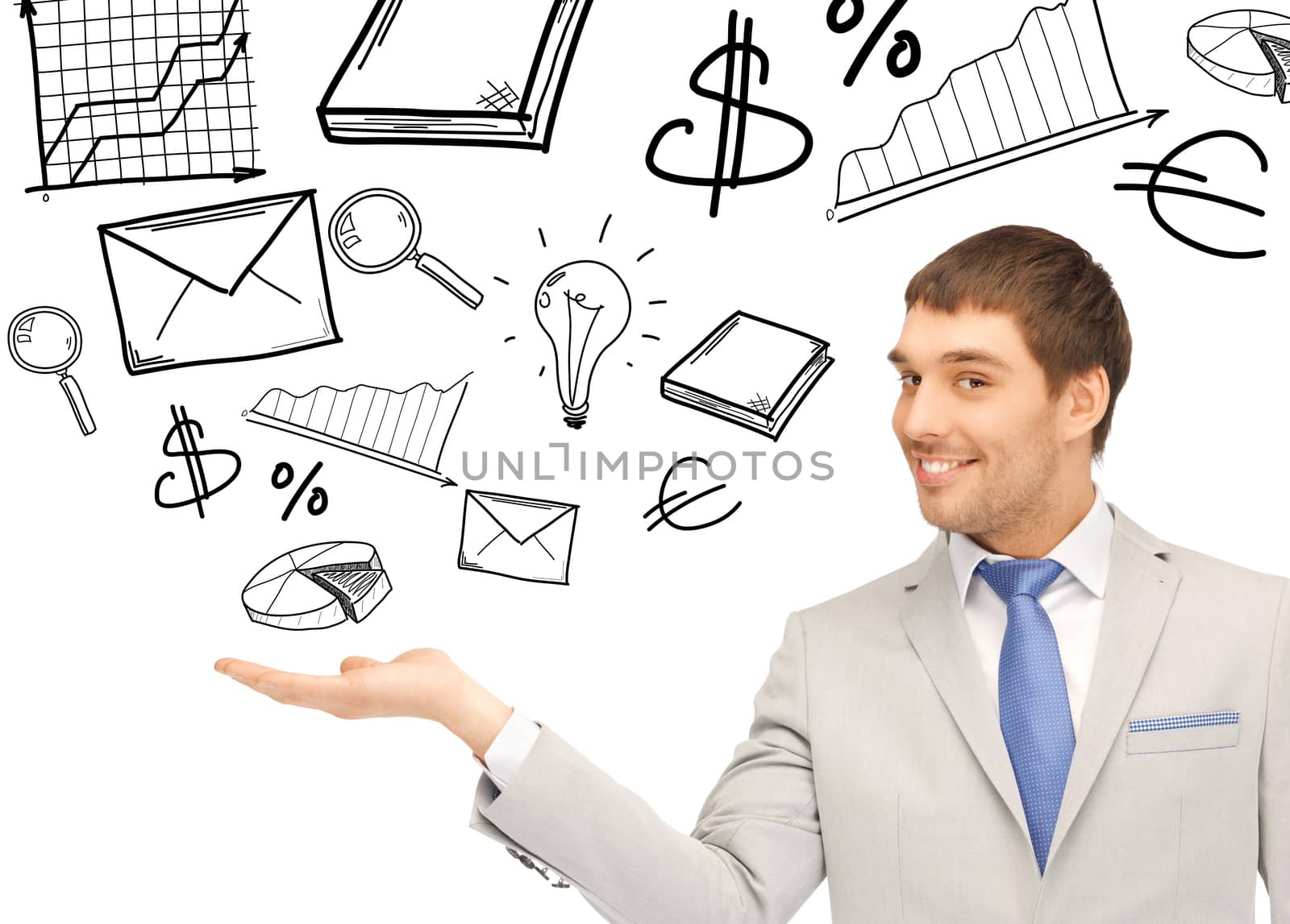 business and education concept - businessman showing something on the palm of his hand