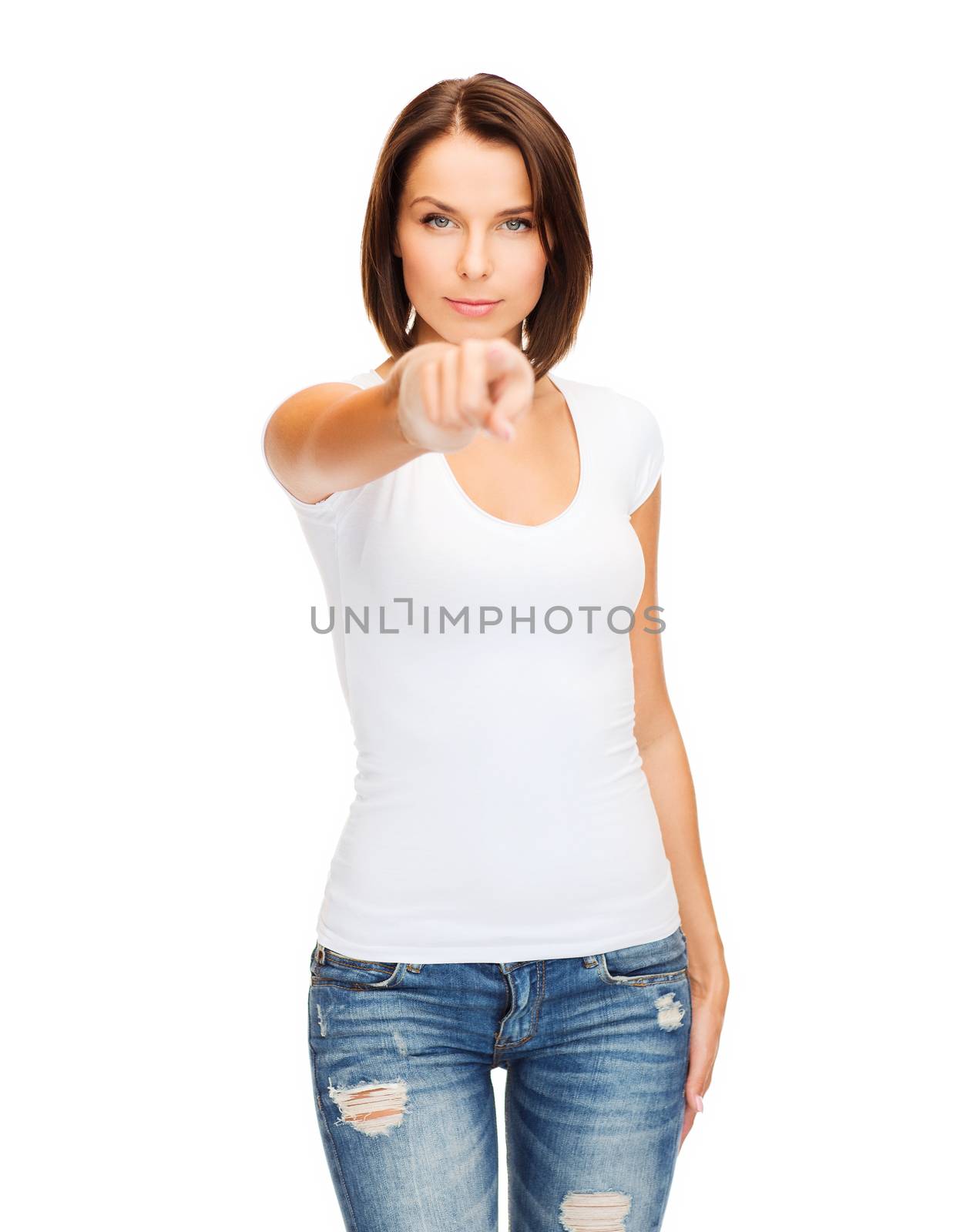 gestures and people concept - woman in blank white t-shirt pointing at you