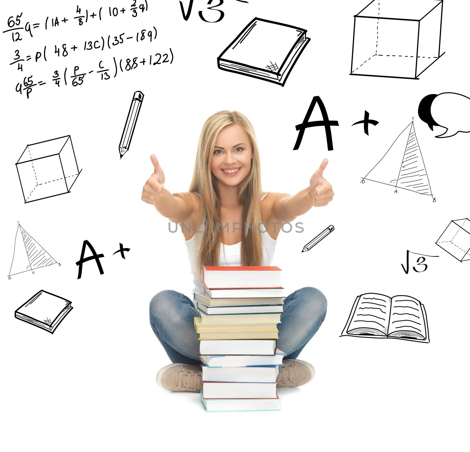 education and school concept - picture of smiling student with stack of books