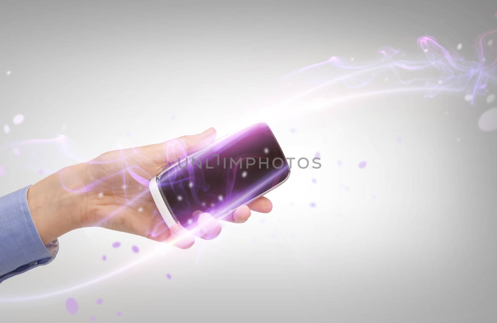 business, future technology and internet - hand with smartphone