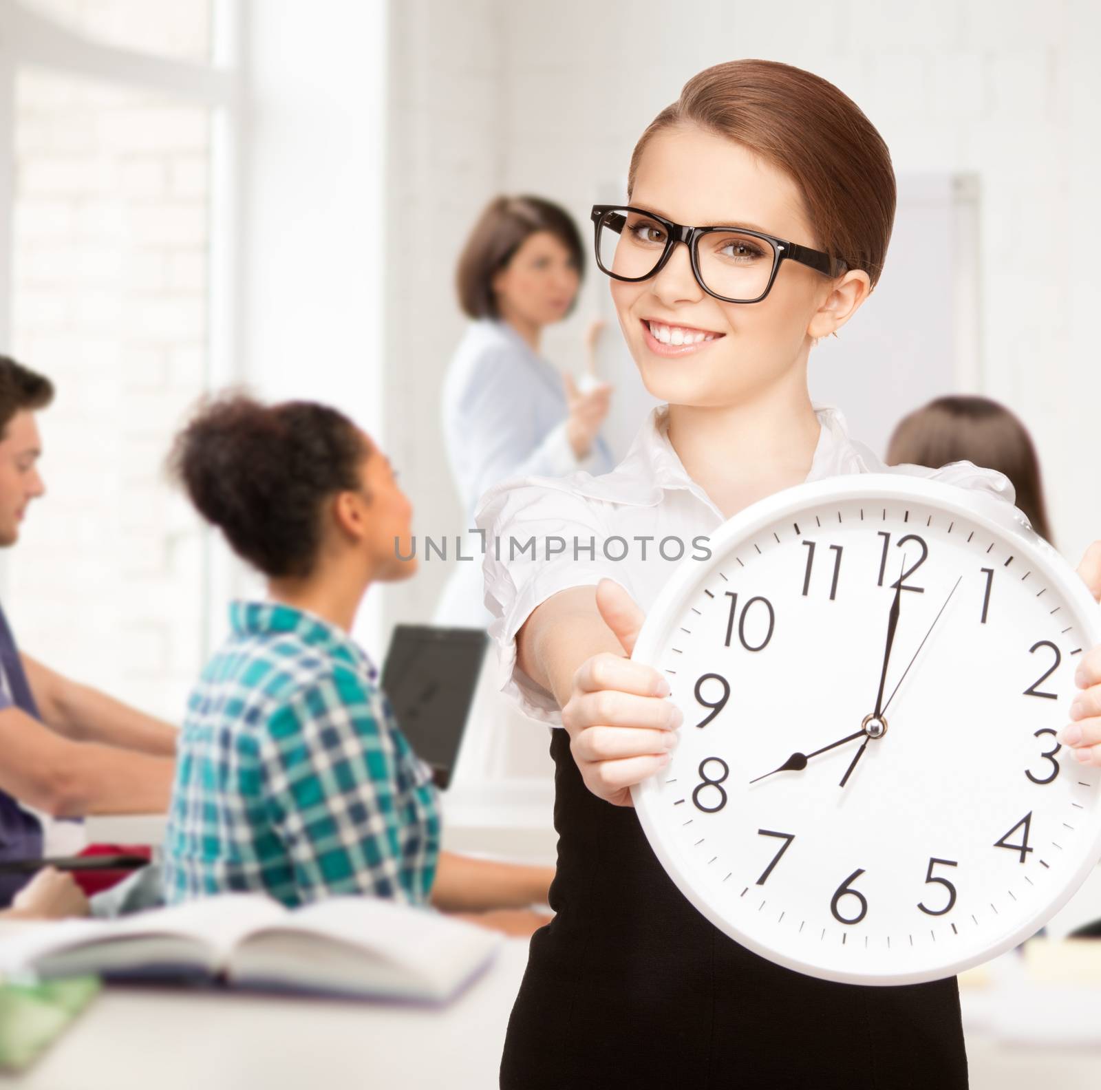 education and time management concept - attractive student showing clock