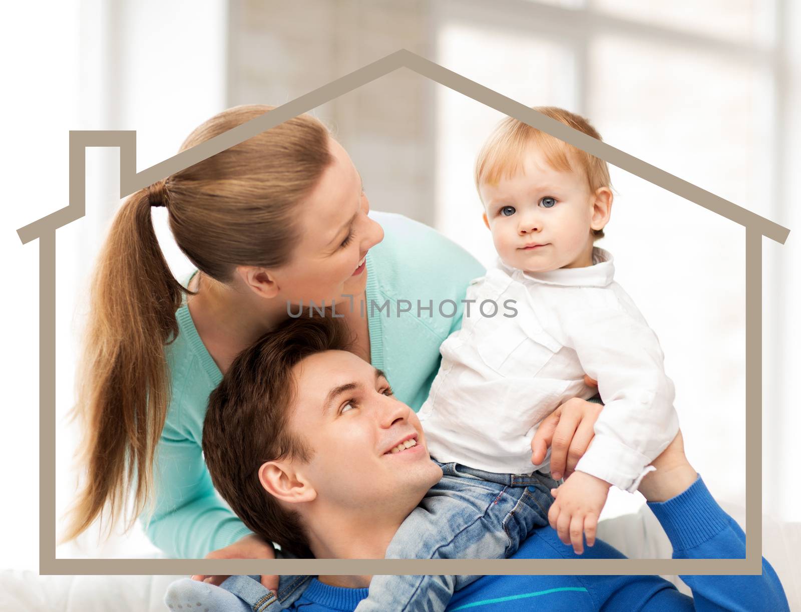 home, real estate and family concept - family with child and dream house