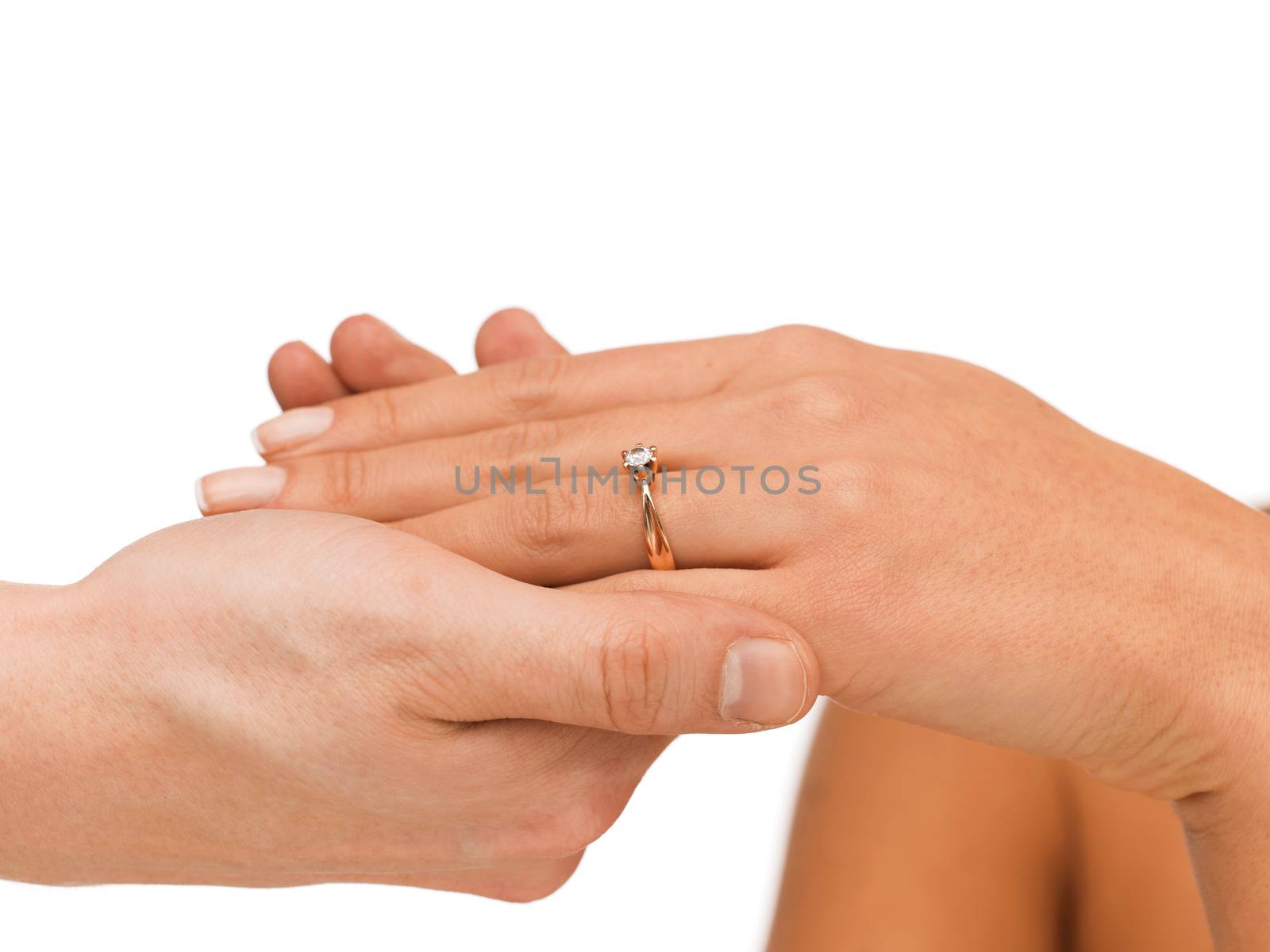 bridal, couple, jewellery, wedding, luxury concept - man puts wedding ring on woman hand