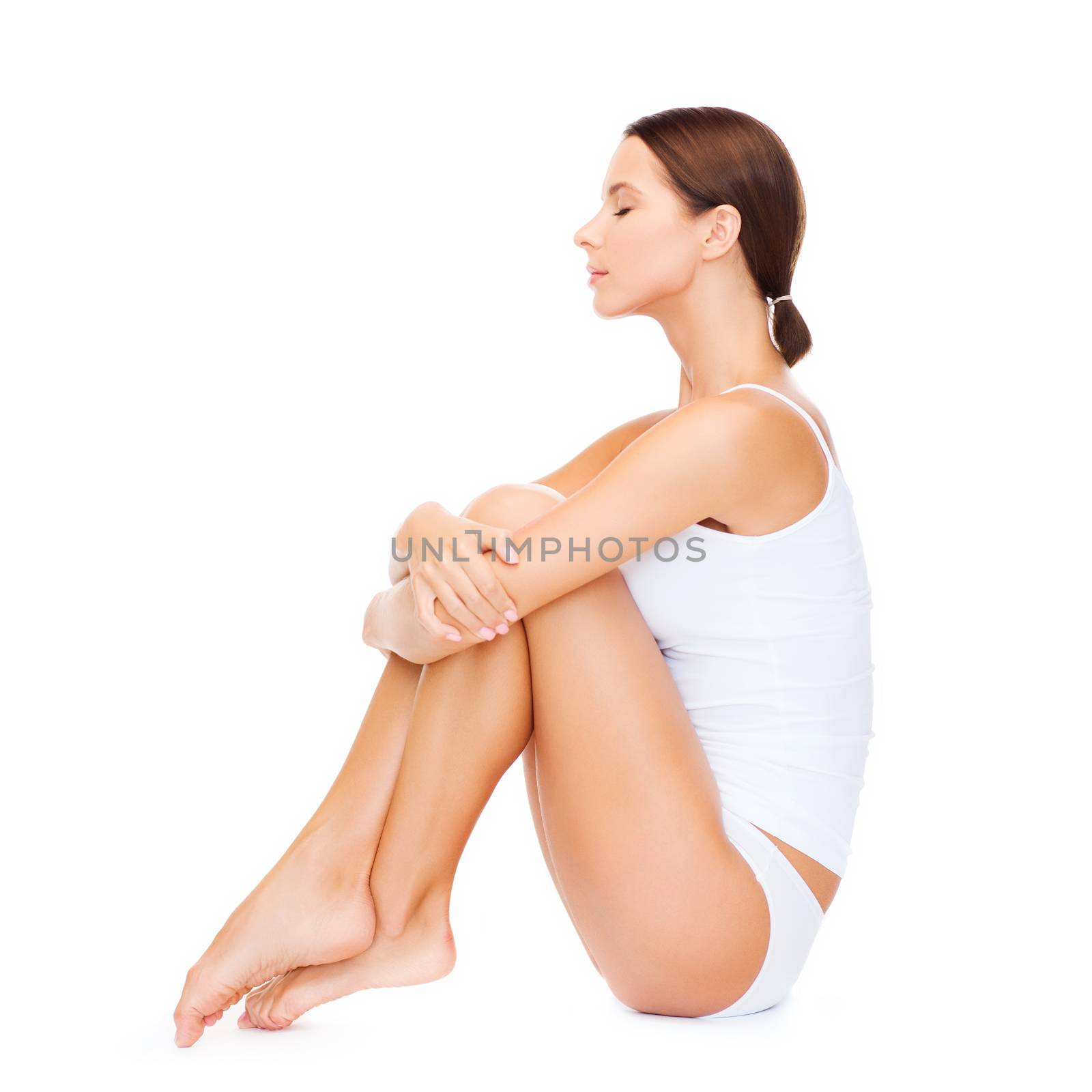 health and beauty concept - beautiful woman in white cotton underwear