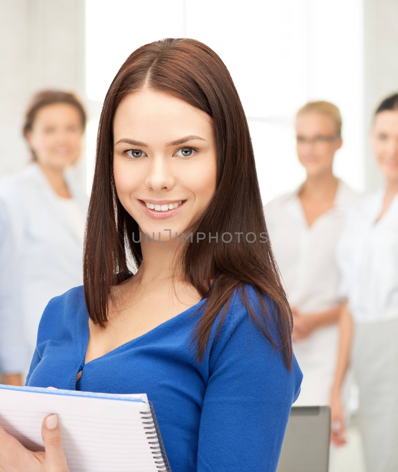 office, buisness, education concept - happy woman with big notepad