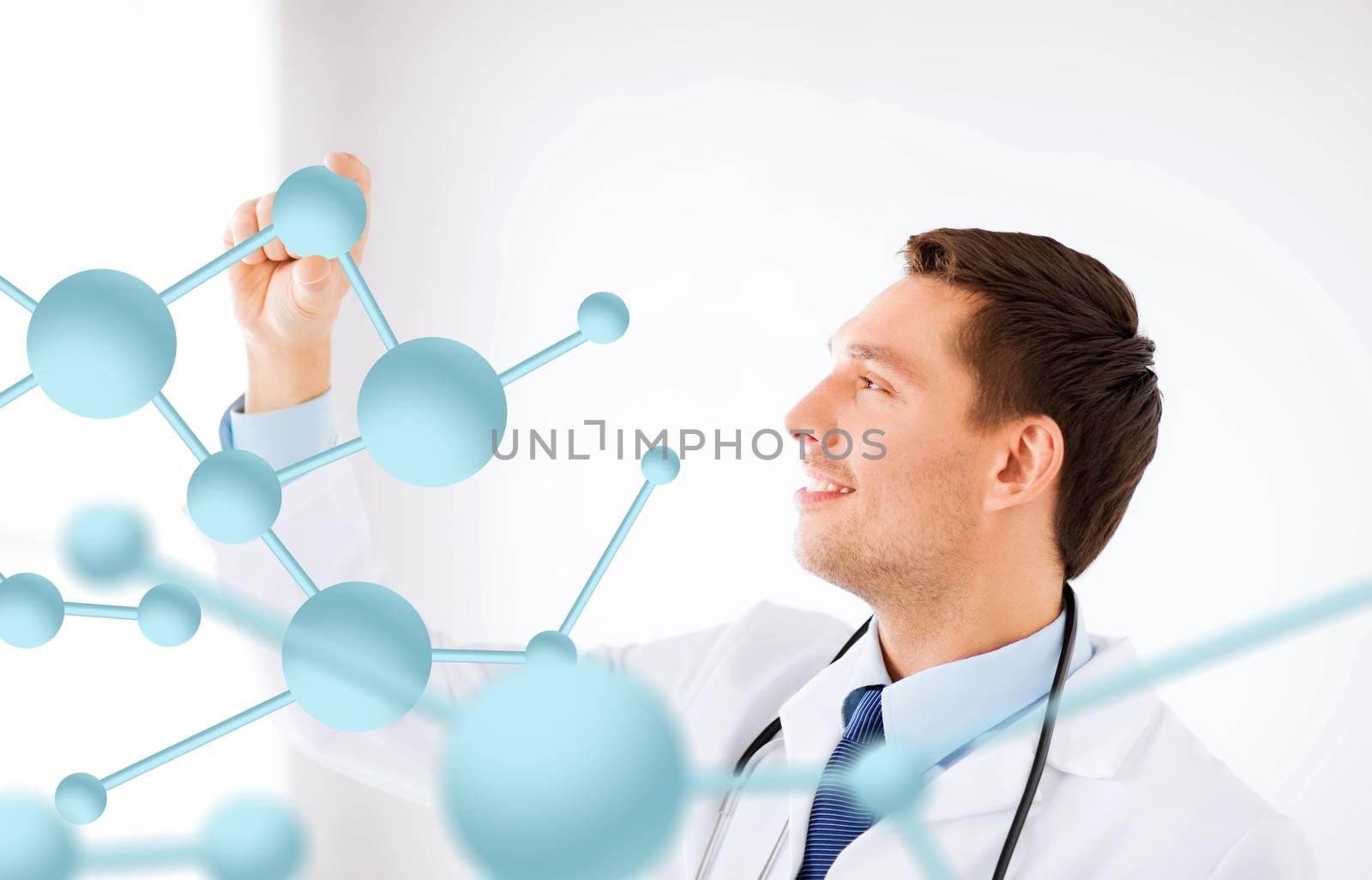 healthcare, medical and technology concept - young doctor with molecules