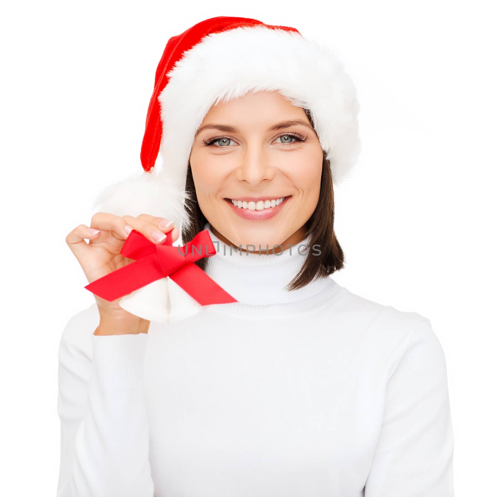 smiling woman in santa helper hat and jingle bells by dolgachov