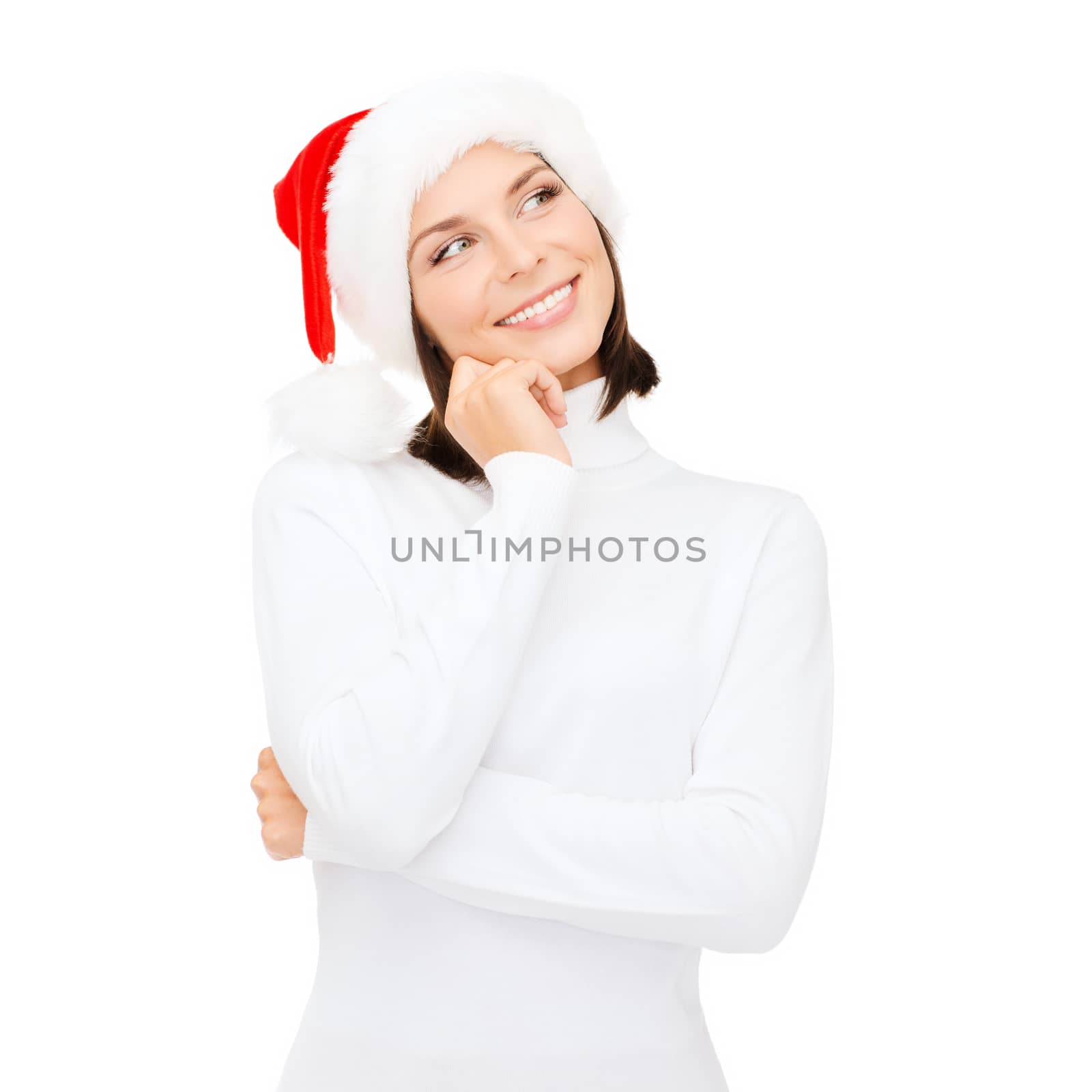 christmas, x-mas, winter, happiness concept - thinking and smiling woman in santa helper hat