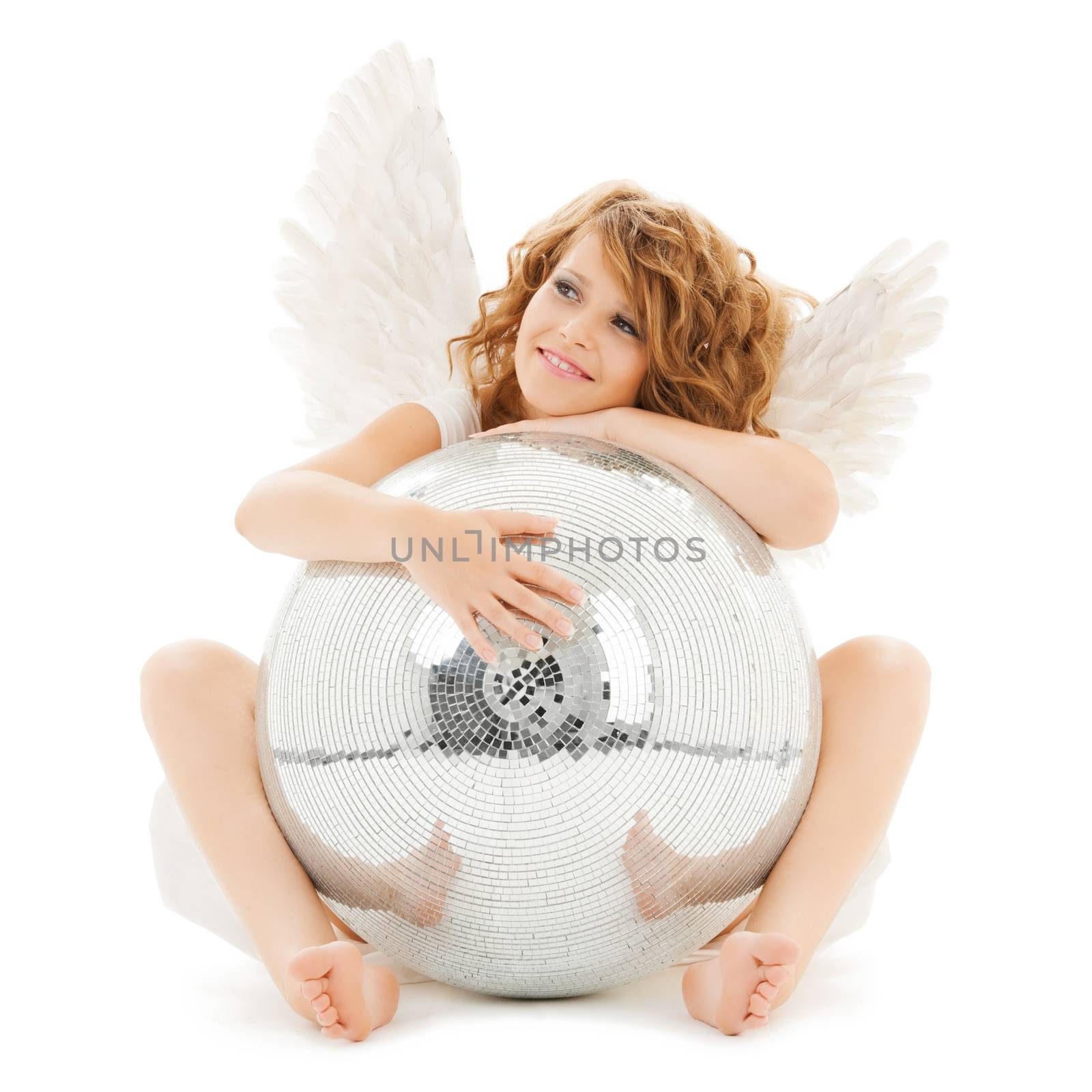 happy teenage angel girl with disco ball by dolgachov