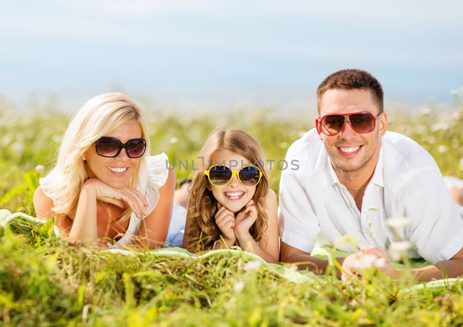 happy family with blue sky and green grass by dolgachov