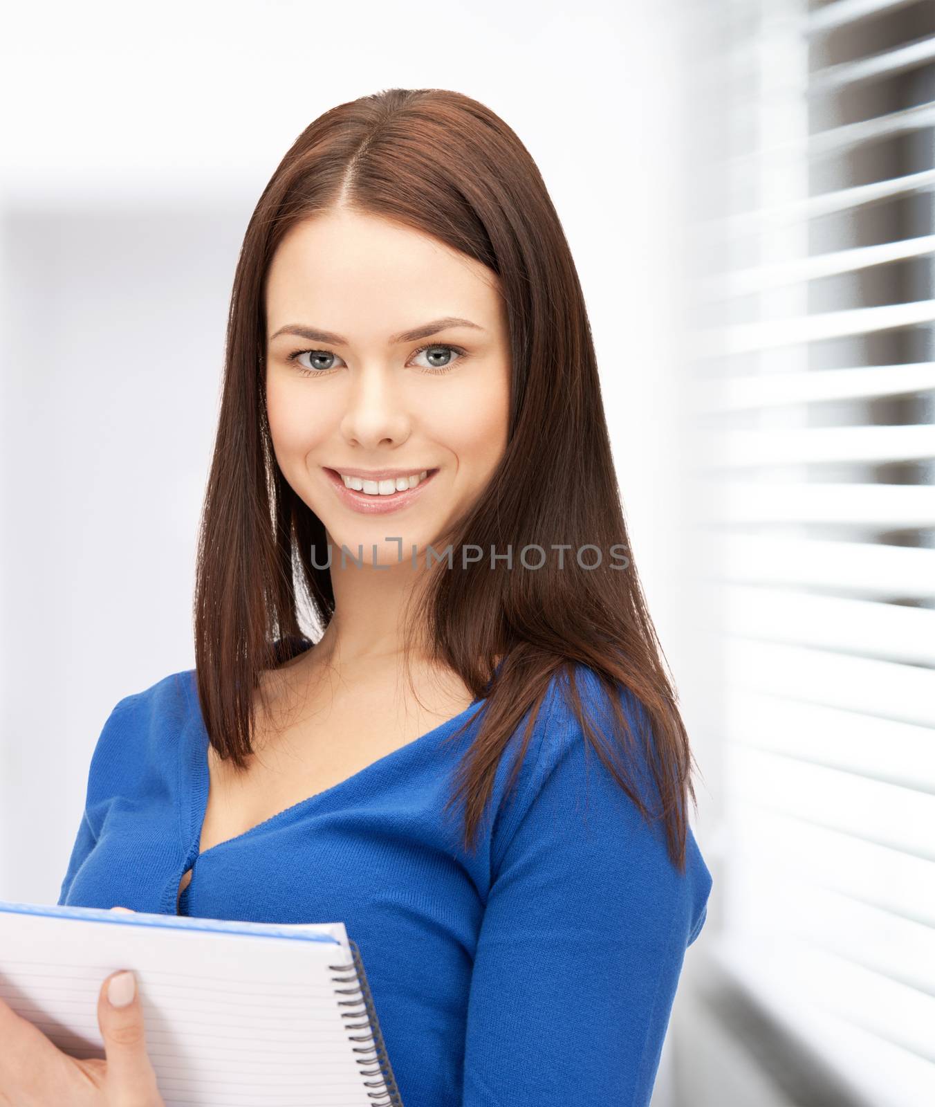 office, buisness, education concept - happy woman with big notepad