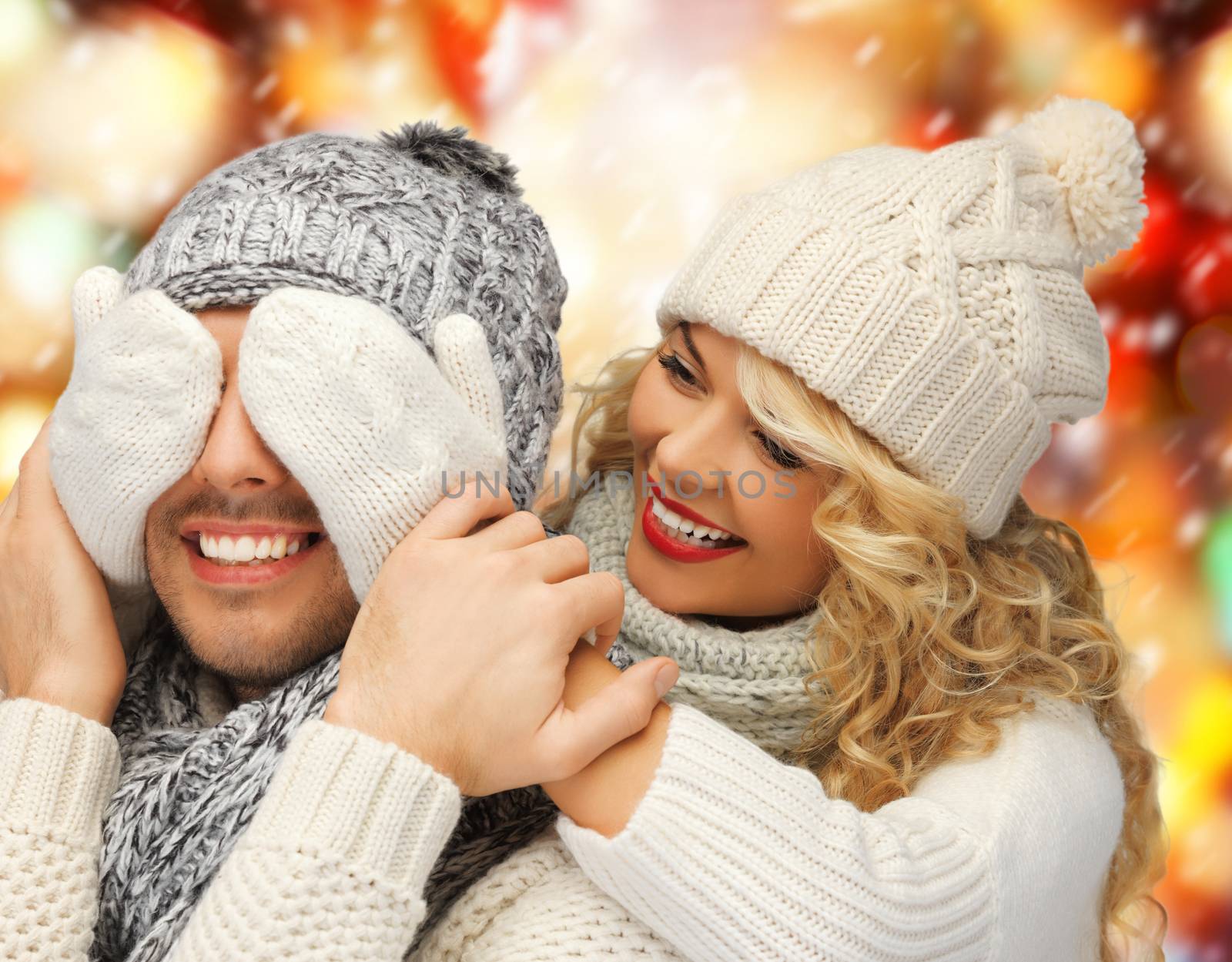 christmas, x-mas, winter, happiness concept - family couple in a winter clothes