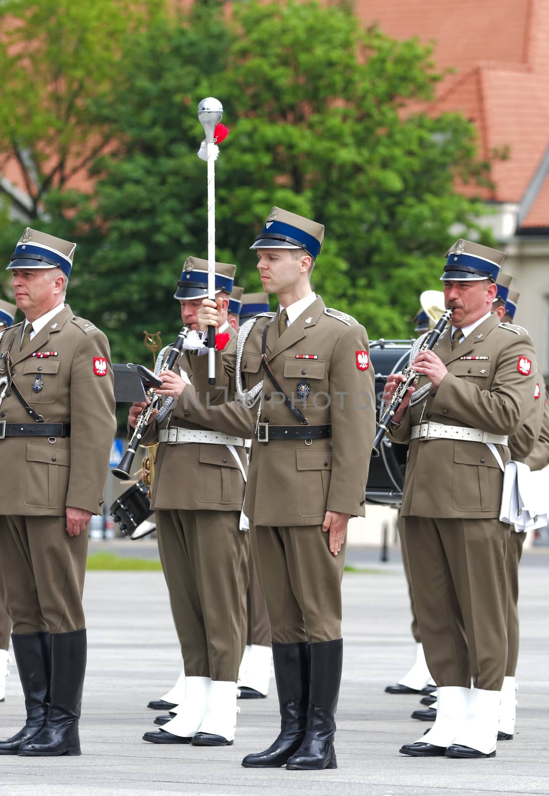 Warsaw, Poland – May 12, 2014: Danish Crown Prince Couple on state visit to Poland. Polish military band performing during parade.