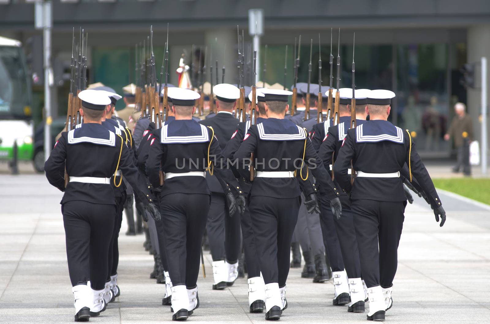 Warsaw, Poland – May 12, 2014: Danish Crown Prince Couple on state visit to Poland. Polish soldiers at the military parade.