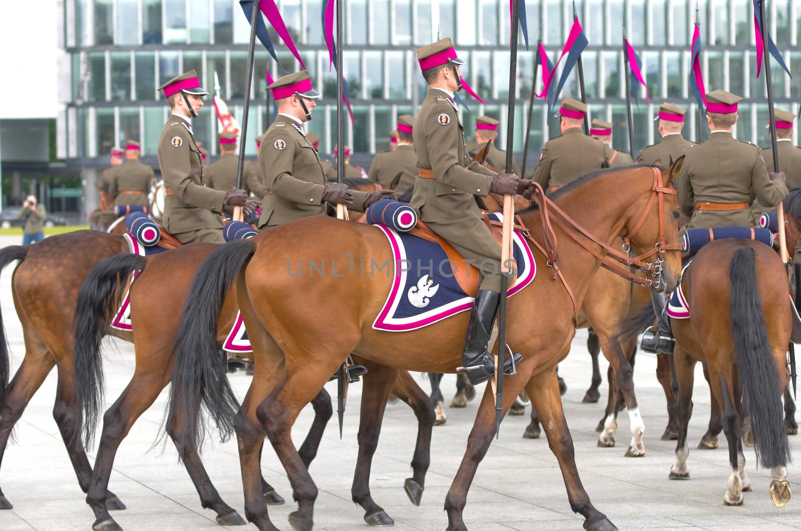 Warsaw, Poland – May 12, 2014: Danish Crown Prince Couple on state visit to Poland. Polish cavalrymen at the military parade.