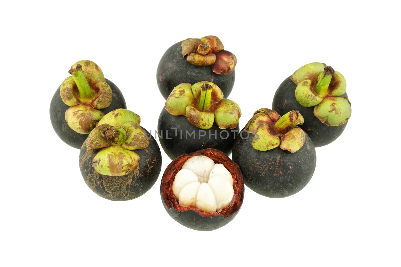 Group of black and green mangosteen isolated on white background.