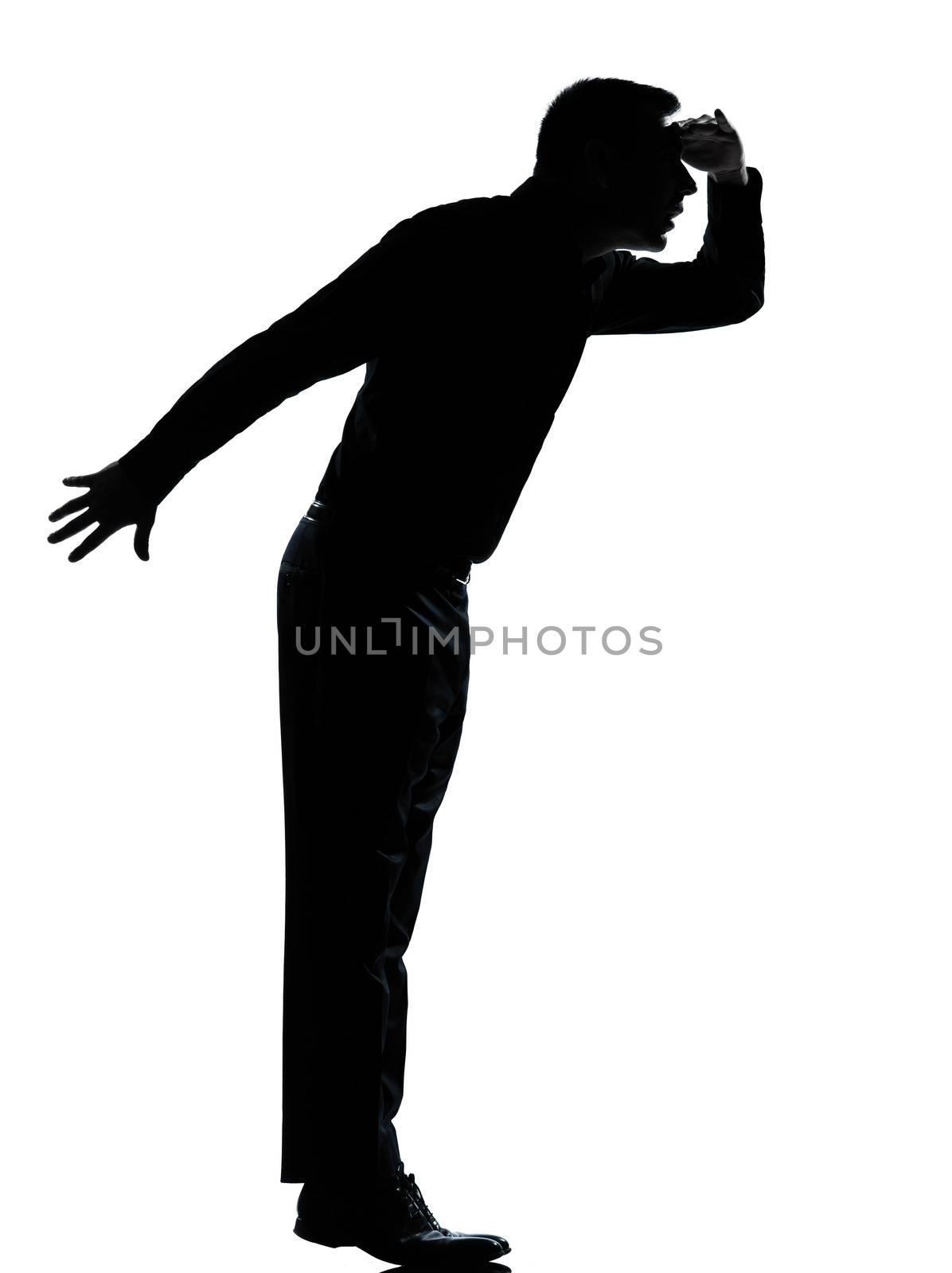 one business man silhouette tiptoe looking away by PIXSTILL