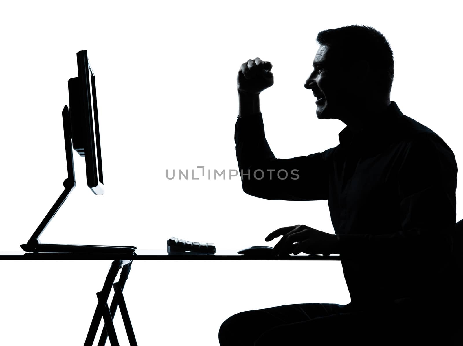 one  business man computer computing happy portrait silhouette in studio isolated on white background