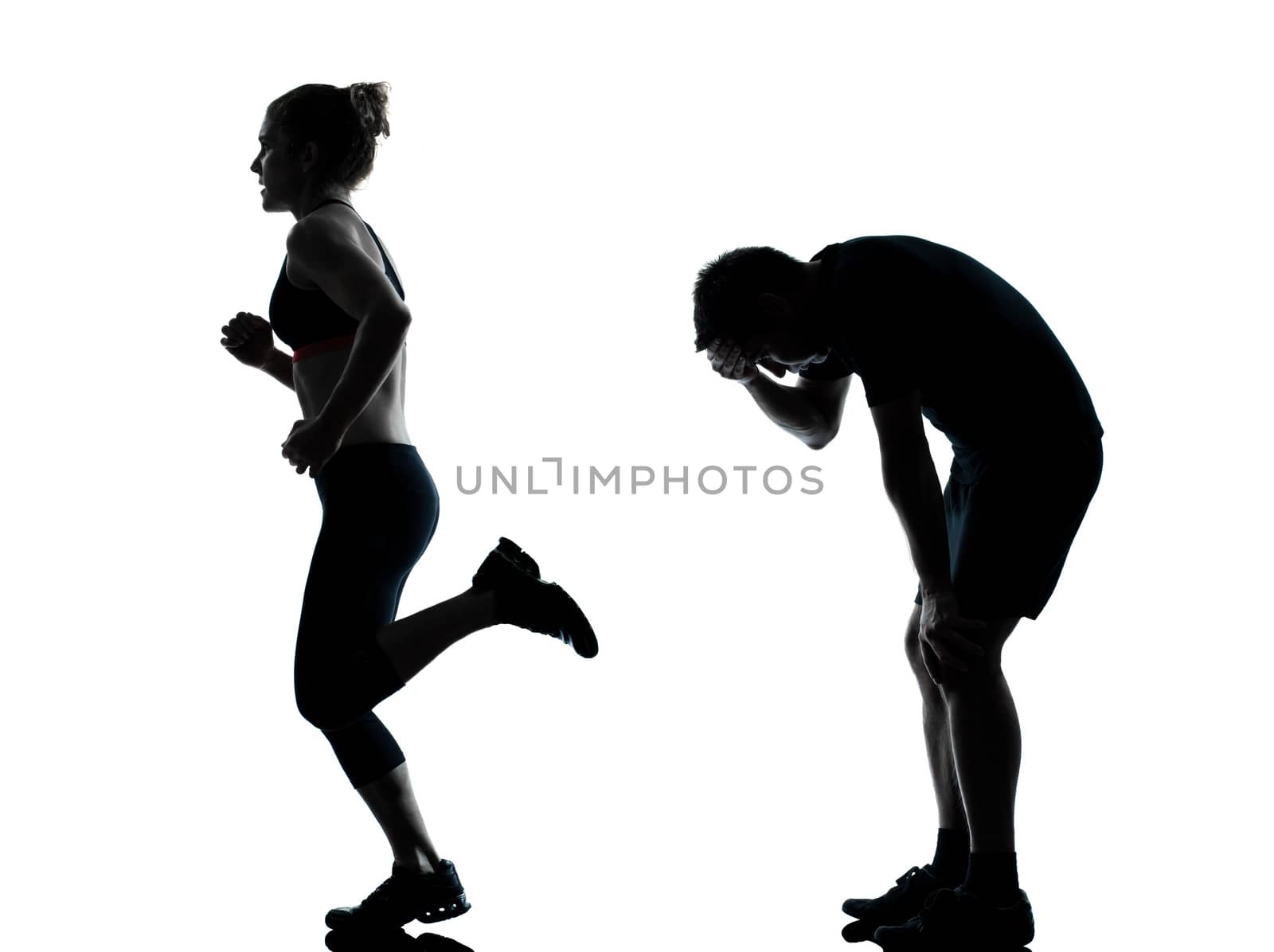 one couple man woman exercising workout fitness silhouette by PIXSTILL