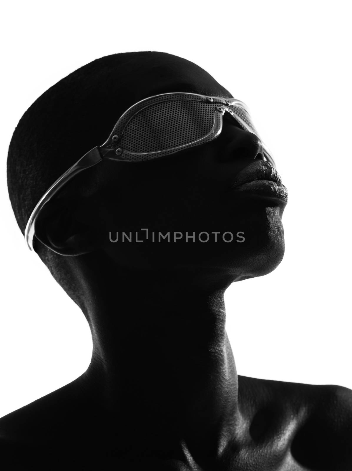 one beautiful black african futuristic portrait woman in studio isolated on white background