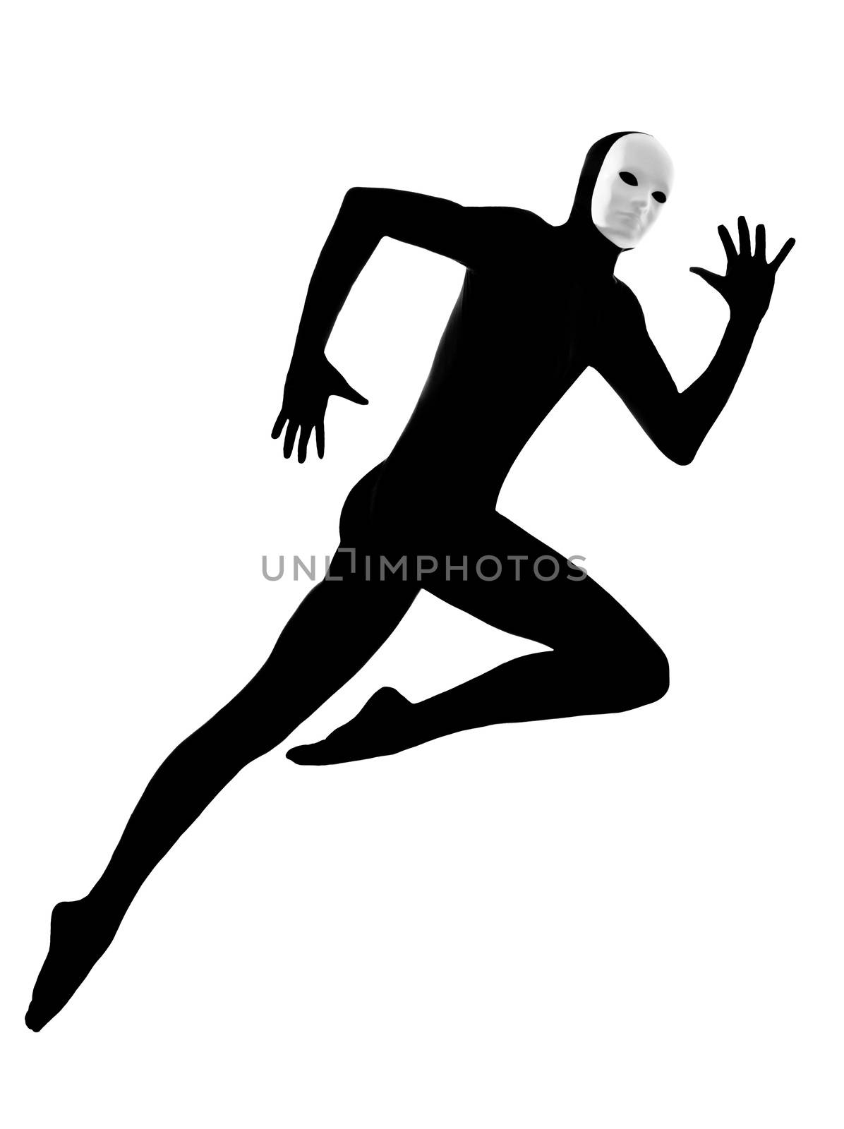 performer man mime with mask running jumping on studio isolated on white background