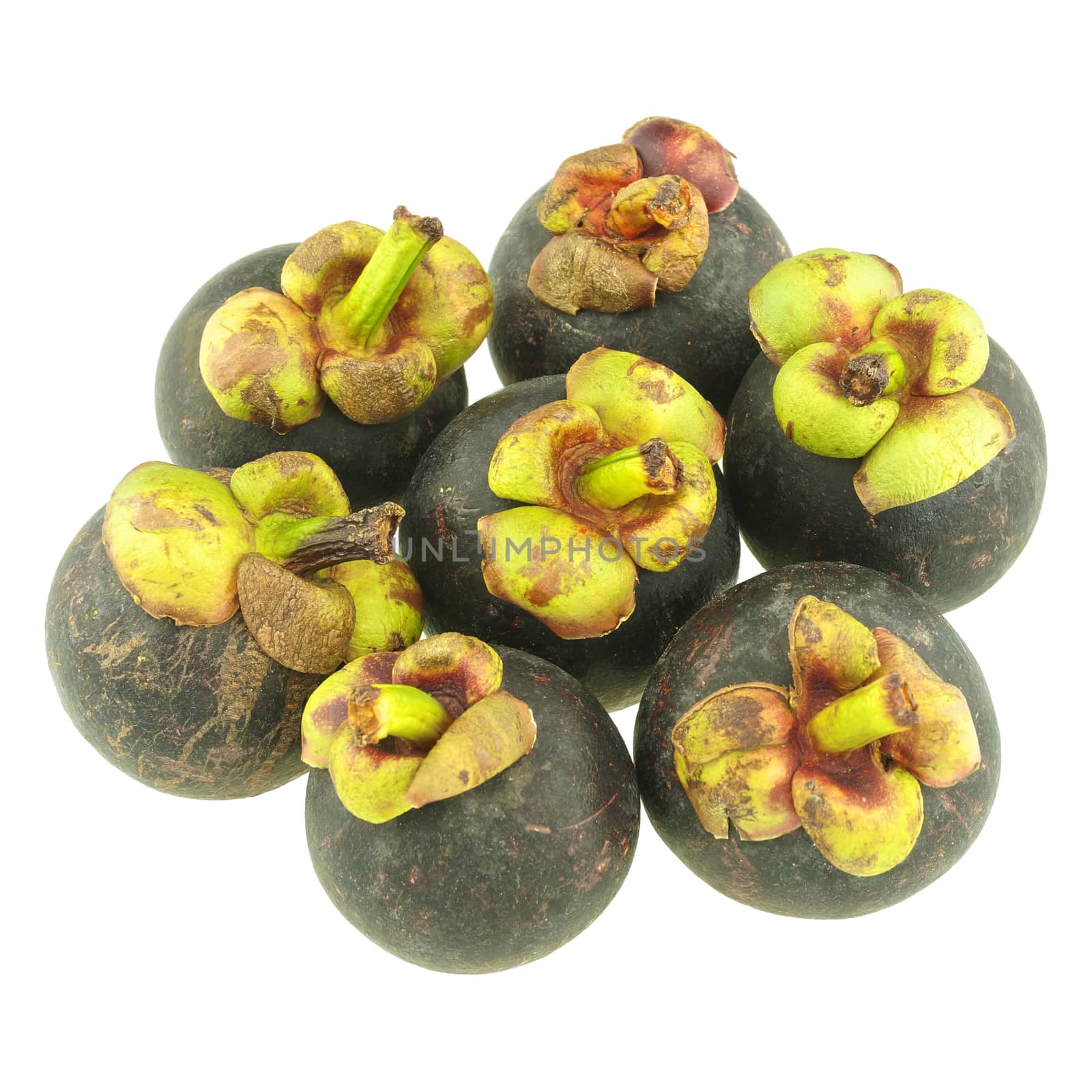 Group of black and green mangosteen isolated on white background.