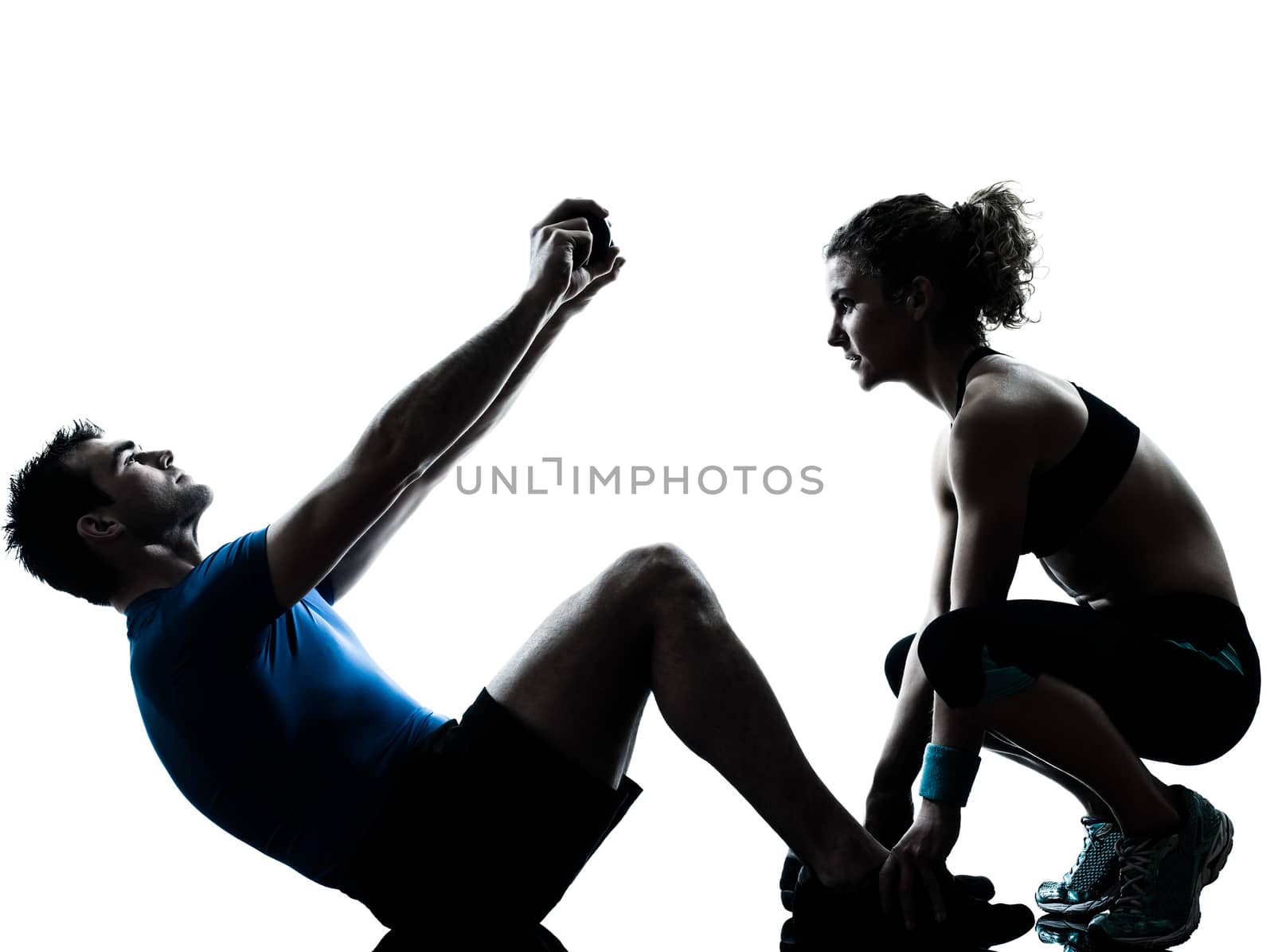 man woman exercising abdominal workout fitness silhouette by PIXSTILL