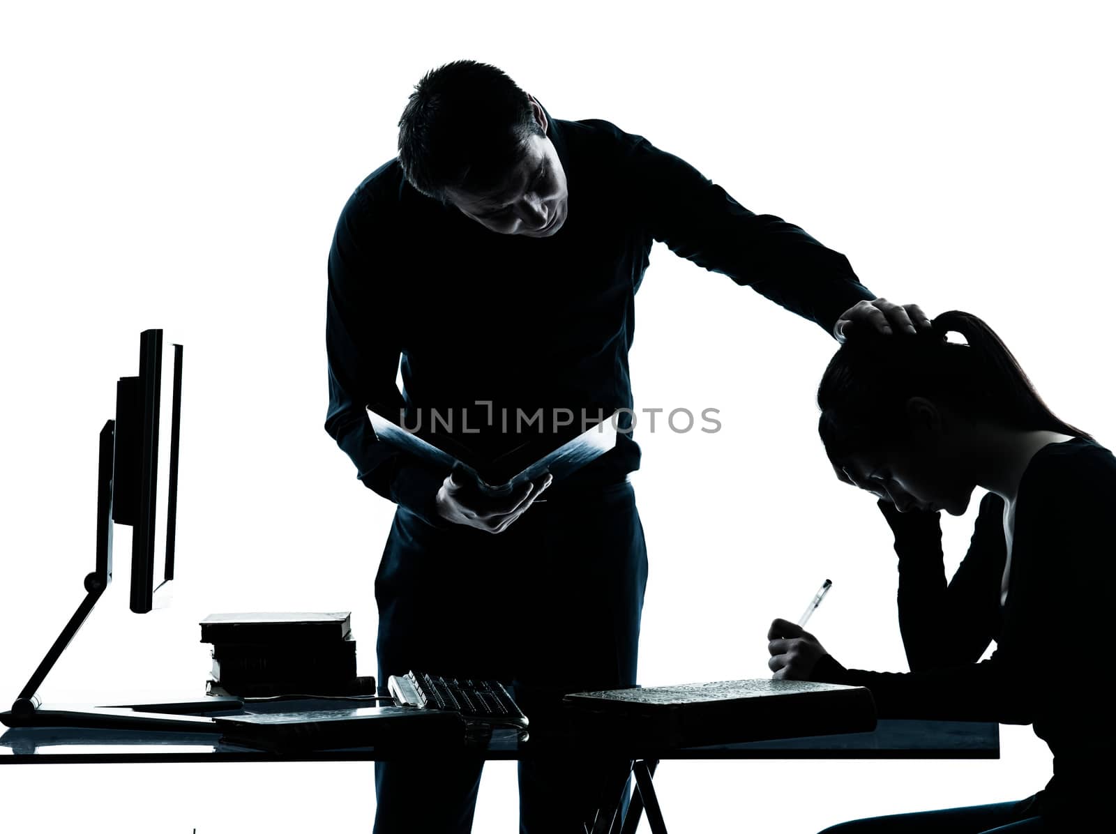 one man father professor and student teenager girl helping for homework in silhouette indoors isolated on white background