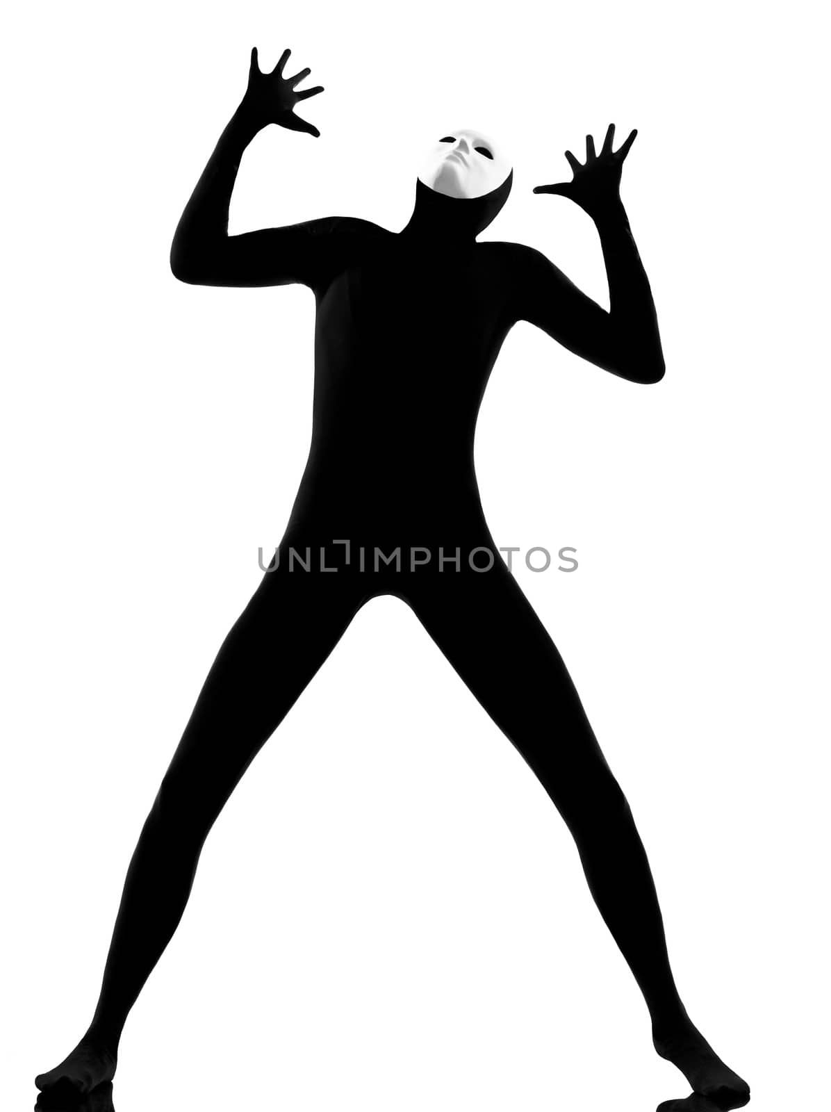 performer man mime with mask complaigning looking up on studio isolated on white background