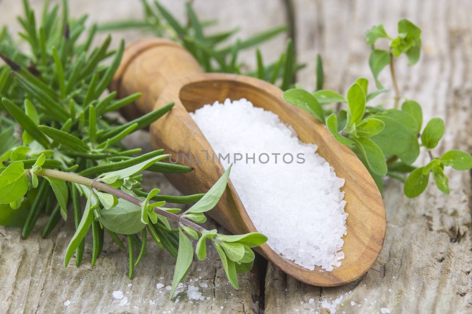 Healthy sea salt and fresh herbs