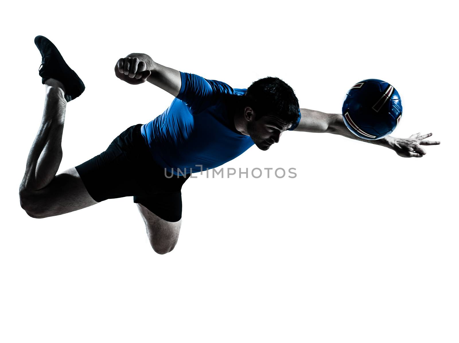 one  man heading playing soccer football player silhouette in studio isolated on white background