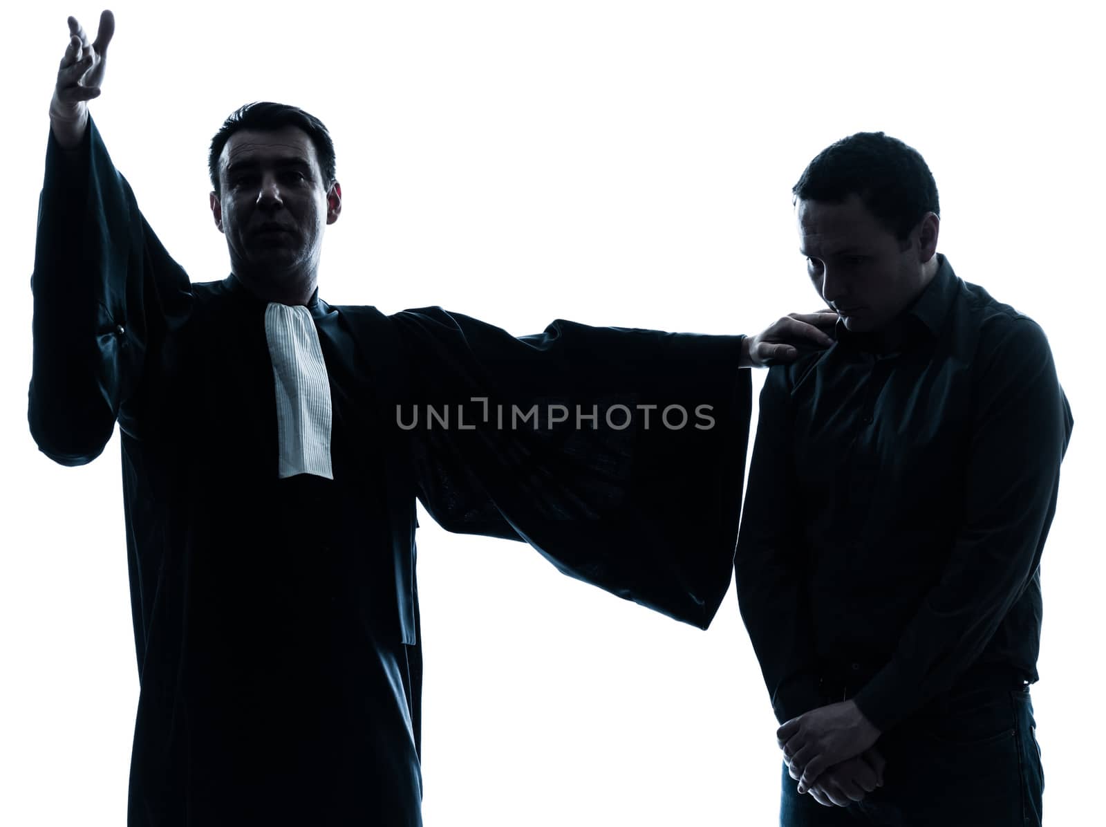 one  lawyer man pleading silhouette in studio isolated on white background
