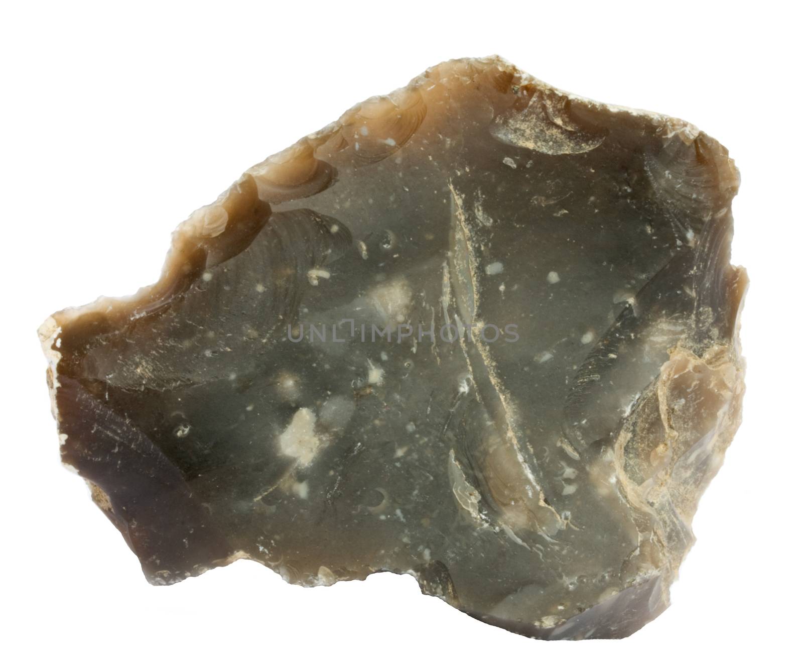 Single flake of flint showing the typical sharp edge that was used for cutting in the stone age