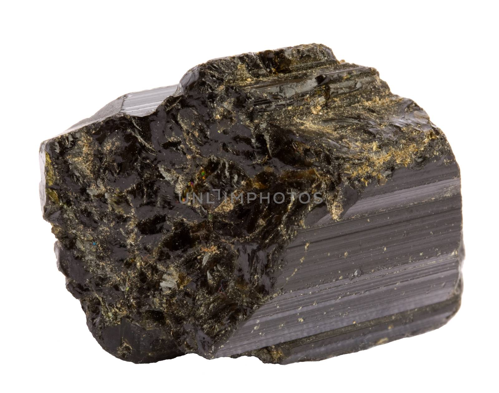 Single piece of tourmaline (schorl or dravite) isolated on white. Showing light refraction in different colors on the rough side