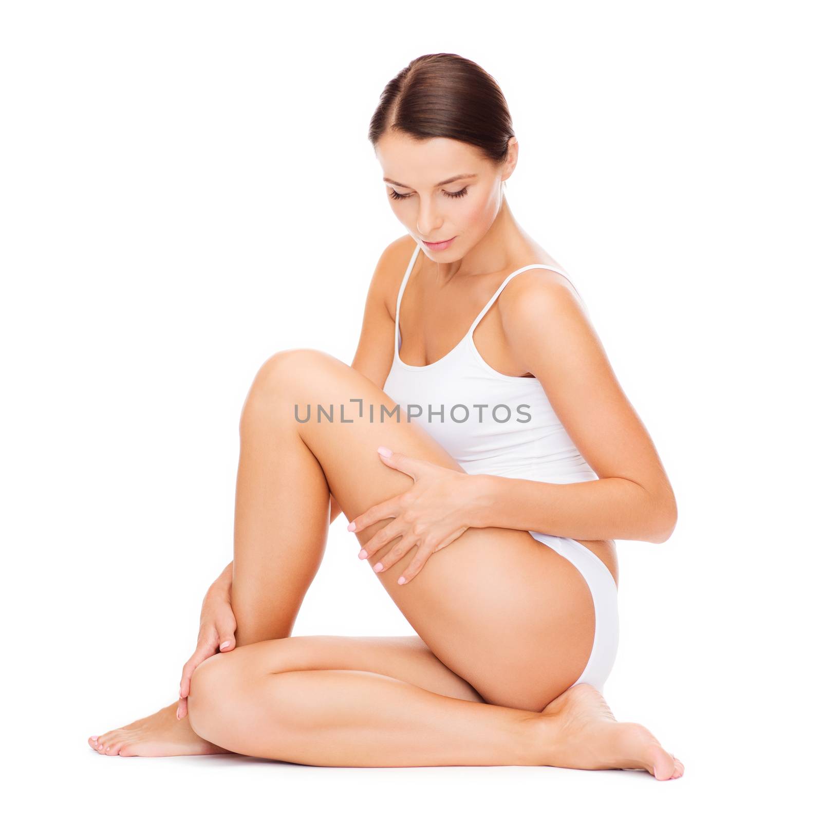 health and beauty concept - beautiful woman in white cotton underwear
