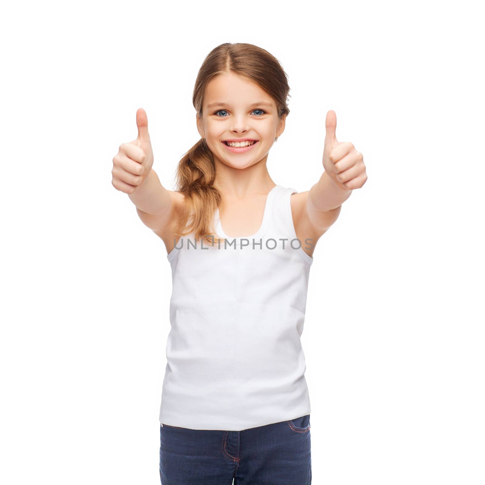 girl in blank white shirt showing thumbs up by dolgachov