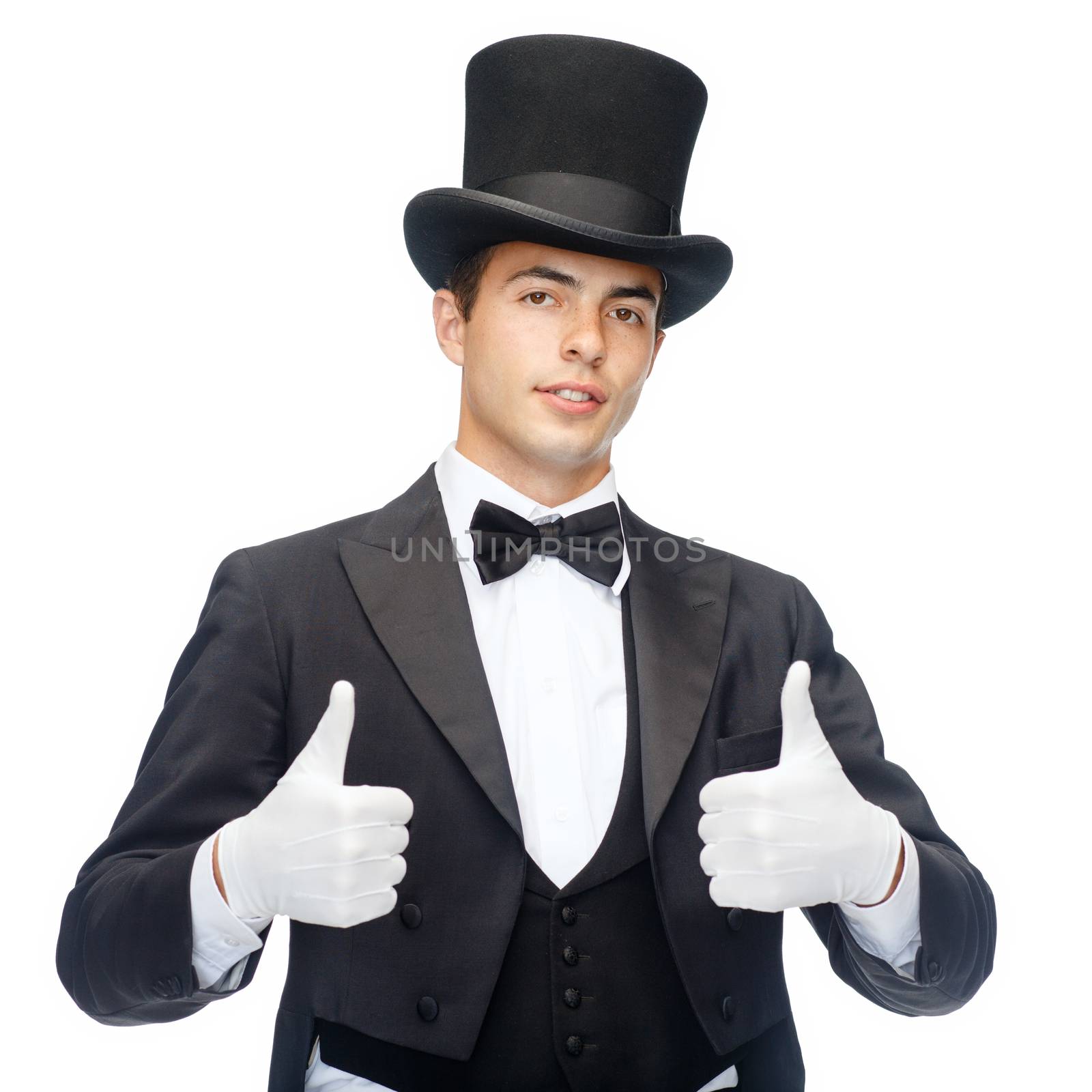 magician in top hat showing thumbs up by dolgachov