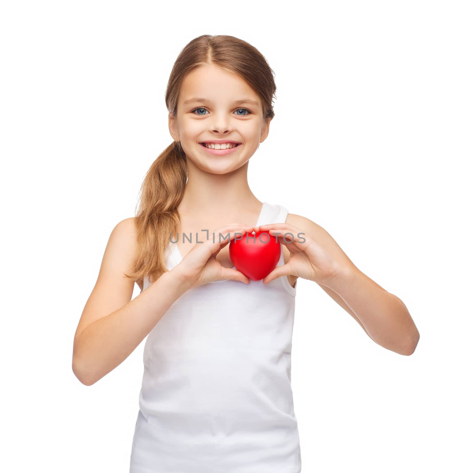 girl in blank white shirt with small red heart by dolgachov