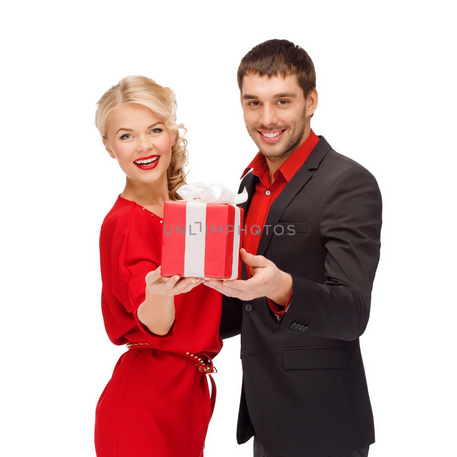 christmas, x-mas, winter, valentine's day, birthday, happiness, couple concept - smiling woman and man with gift box