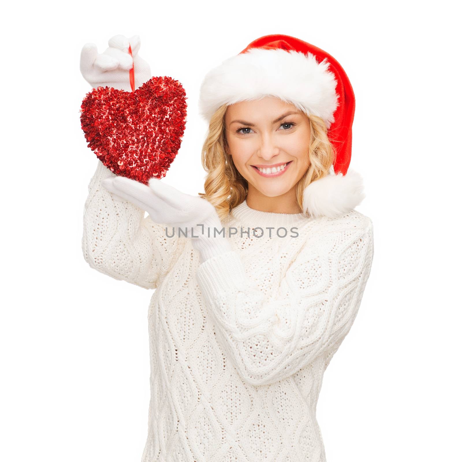 smiling woman in santa helper hat with red heart by dolgachov
