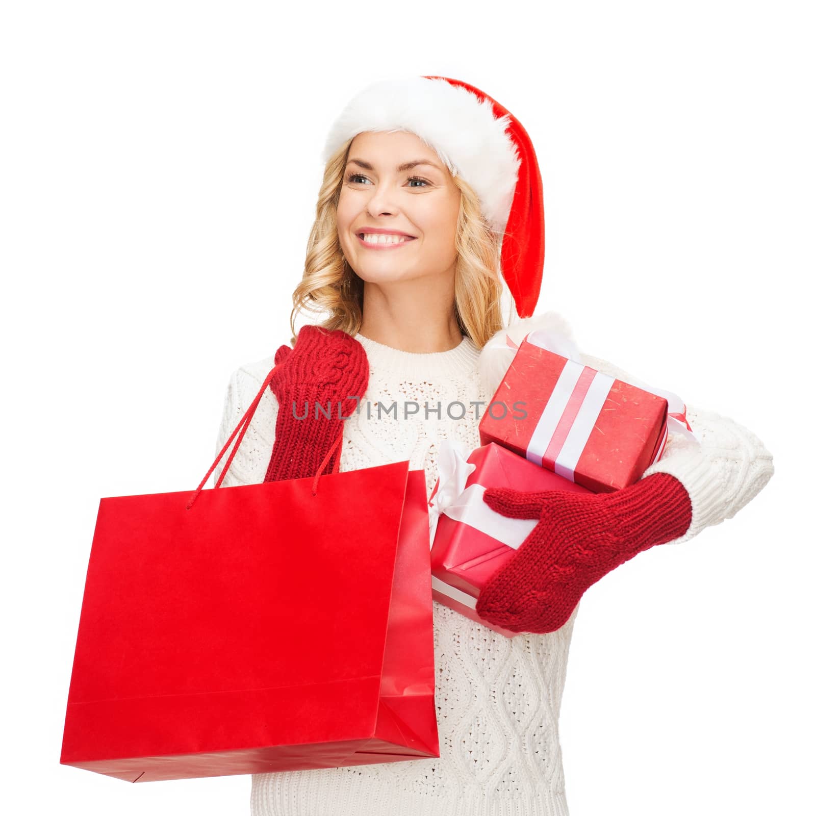 woman in santa helper hat with shopping bags by dolgachov